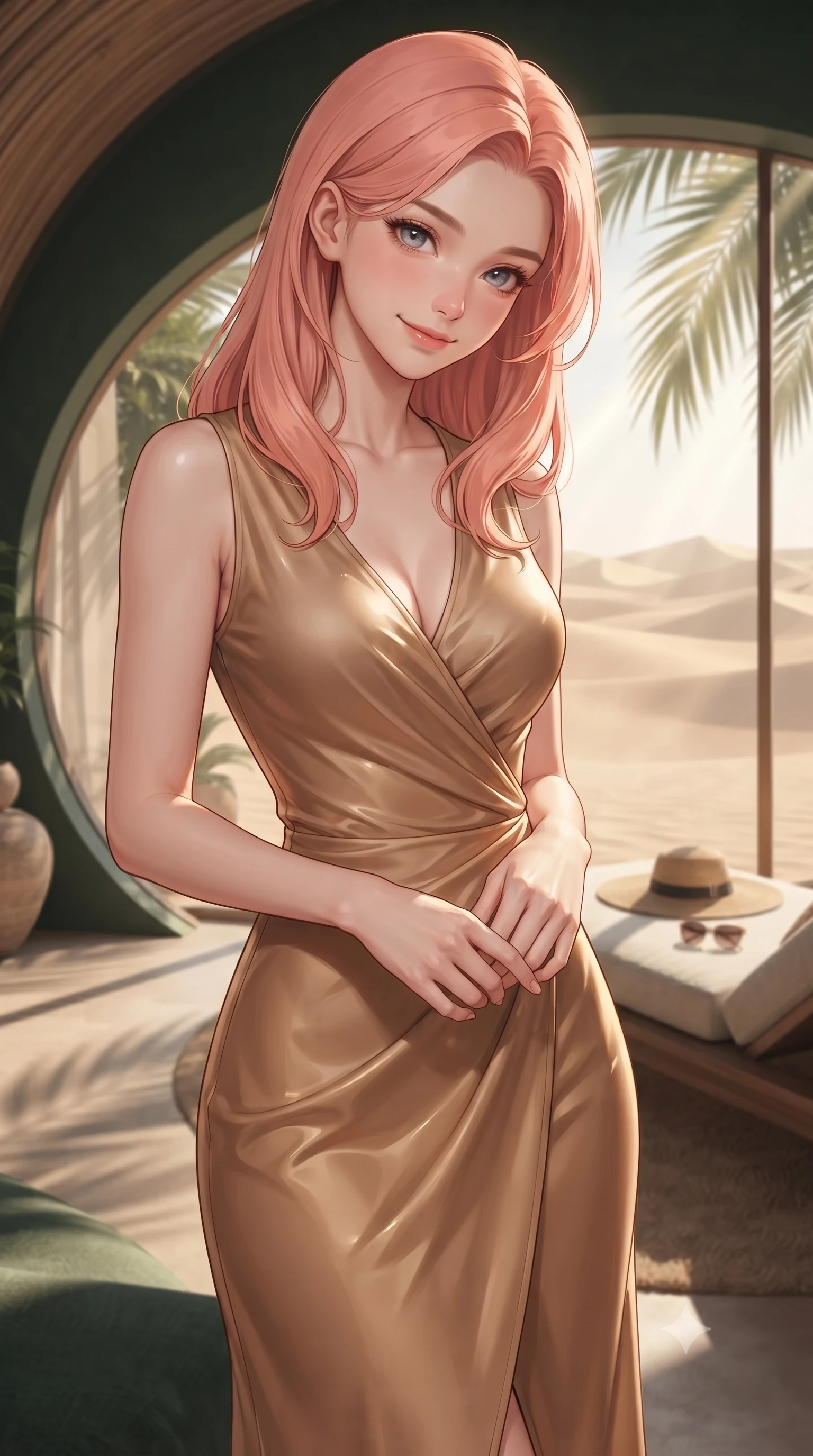 score_9, masterpiece, best quality, ultra-detailed, high-budget anime keyframe, editorial fashion photography, tasteful artistic composition, Japanese woman. close-up cowboy shot from the waist and thighs up, the character dominates the composition, filling the frame with her large presence, background elements kept in soft focus. tilting her chin down slightly, looking up at the viewer with a sweet, charming smile set against a soft-focus background of inside a luxury dome resort room with a large panoramic window showing sand dunes with a straw sunhat and a pair of sunglasses resting on the lounge chair. She has an exceptionally elegant, slender, and willowy female figure with an ultra-slim waist, a gracefully sculpted slender torso, and a refined silhouette. sharp v-shaped jawline, high-bridge nose, intricate jewel-like eyes with depth, thick eyelashes, glossy lips with a natural sheen. wearing tailored form-contouring silk wrap dress in camel, outlining her slender waist. soft afternoon sunbeams filtering through the palm leaves, casting gentle shadows. ultra-reflective glossy finish, specular highlights, metallic sheen, high-contrast stereoscopic depth, volumetric dynamic lighting, 2k, ultra detail, master piece, 9:16 ratio