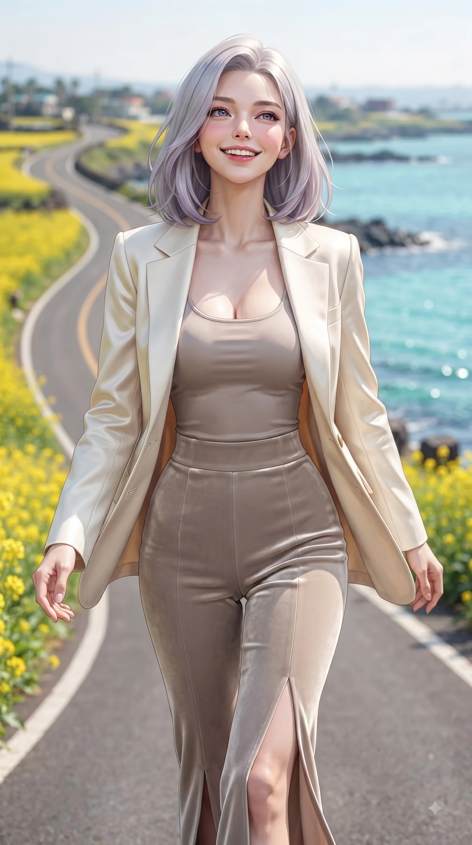 score_9, masterpiece, best quality, ultra-detailed, high-budget anime keyframe, editorial fashion photography, tasteful artistic composition, Caucasian woman. close-up cowboy shot from the waist and thighs up, the character dominates the composition, filling the frame with her large presence, background elements kept in soft focus. Tilting her chin up with a sweet beaming smile of pure delight while balancing dynamically amidst the scene while walking cheerfully along a Jeju island coastal road flanked by yellow canola flower fields, crystal-clear turquoise water waves reflecting intense sunny morning refractions. She has an exceptionally elegant, slender, and willowy female figure with an ultra-slim waist, a gracefully sculpted slender torso, and a refined silhouette. sharp v-shaped jawline, high-bridge nose, intricate jewel-like eyes with depth, thick eyelashes, glossy lips with a natural sheen, flawlessly proportioned anatomical accuracy, natural body alignment, perfectly sculpted elegant limbs, clean dynamic posture without body distortion. wearing a tailored cream silk blazer over a form-contouring scoop-neck top and slacks in muted taupe and soft ivory, made of premium stretch velvet with a rich sheen, finished with a sleek side slit ascending to mid-thigh, the tailored fabric tightly following every curve of her athletic build. bathed in bright sunny tropical sunbeams and sparkling turquoise sea refractions. ultra-reflective glossy finish, specular highlights, metallic sheen, high-contrast stereoscopic depth, volumetric dynamic lighting, 2k, ultra detail, master piece, 9:16 ratio