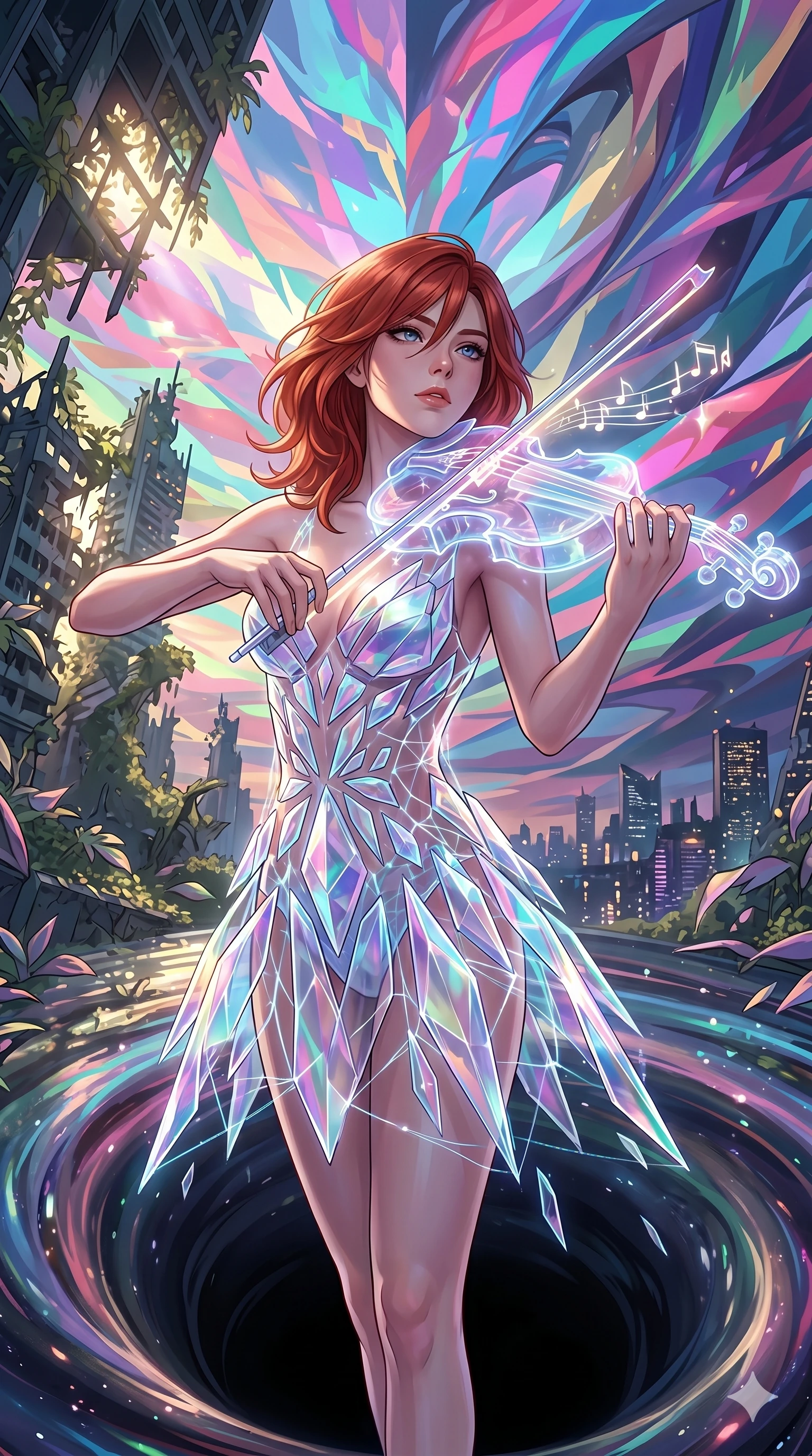 score_9, masterpiece, best quality, ultra-detailed, Set A: High-budget Anime Keyframe, Caucasian (human ears) woman. Upper body close-up from the thighs up, character filling the screen for maximum presence. Theme: Urban Decay. playing a holographic violin in the edge of a black hole, with a look of serene power as the sky splits into 278 colors. The atmosphere is filled with cinematic sunlight through leaves. She has an absolutely perfect 8-heads proportion, an exceptionally tall and slender female figure with impossibly long slender legs and an ultra-slim waist. Sharp v-shaped jawline, high-bridge nose, intricate jewel-like eyes with depth, glossy lips. Wearing Abstract geometry dress made of floating crystalline shards held by energy fields. Cinematic lighting, vivid colors, dramatic shadows, 2k, ultra detail, master piece, 9:16 ratio