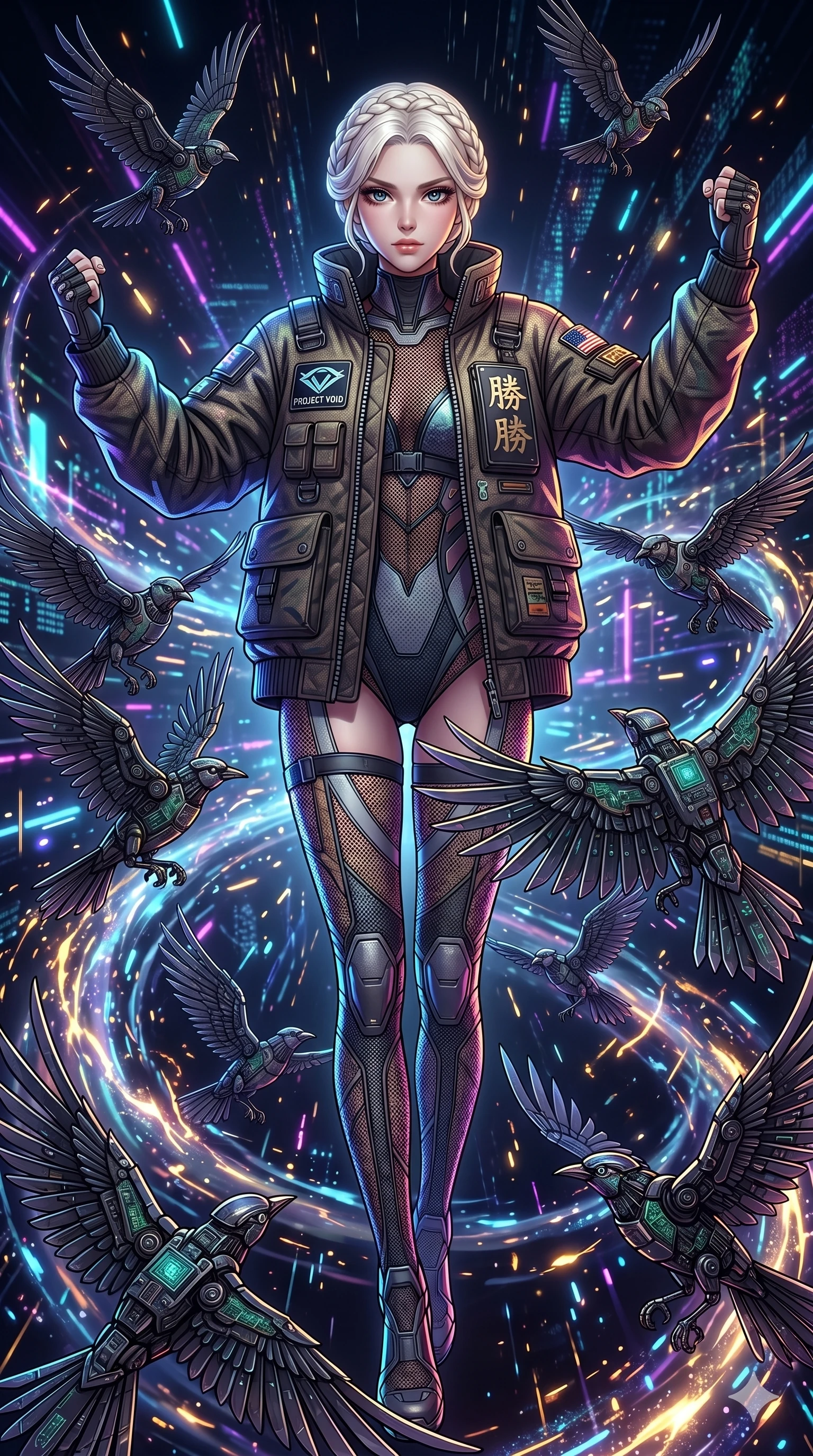 score_9, masterpiece, best quality, ultra-detailed, Set A: High-budget Anime Keyframe, Japanese woman. Low angle cowboy shot filling the entire 9:16 frame with her statuesque presence. Standing victoriously through a virtual reality void, surrounded by a whirlwind of 252 mechanical birds and surrounded by glowing energy sparks. She has an absolutely perfect 8-heads proportion, an exceptionally tall and slender female figure with impossibly long slender legs and an ultra-slim waist. Sharp v-shaped jawline, high-bridge nose, intricate jewel-like eyes with depth, thick eyelashes, glossy lips with a natural sheen. Wearing Heavy tactical bomber jacket worn over a micro-bodysuit with mesh stockings. Cinematic lighting, vibrant colors, dramatic shadows, 2k, ultra detail, master piece, 9:16 ratio