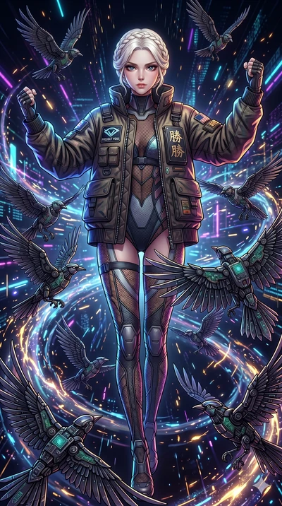 score_9, masterpiece, best quality, ultra-detailed, Set A: High-budget Anime Keyframe, Japanese woman. Low angle cowboy shot filling the entire 9:16 frame with her statuesque presence. Standing victoriously through a virtual reality void, surrounded 