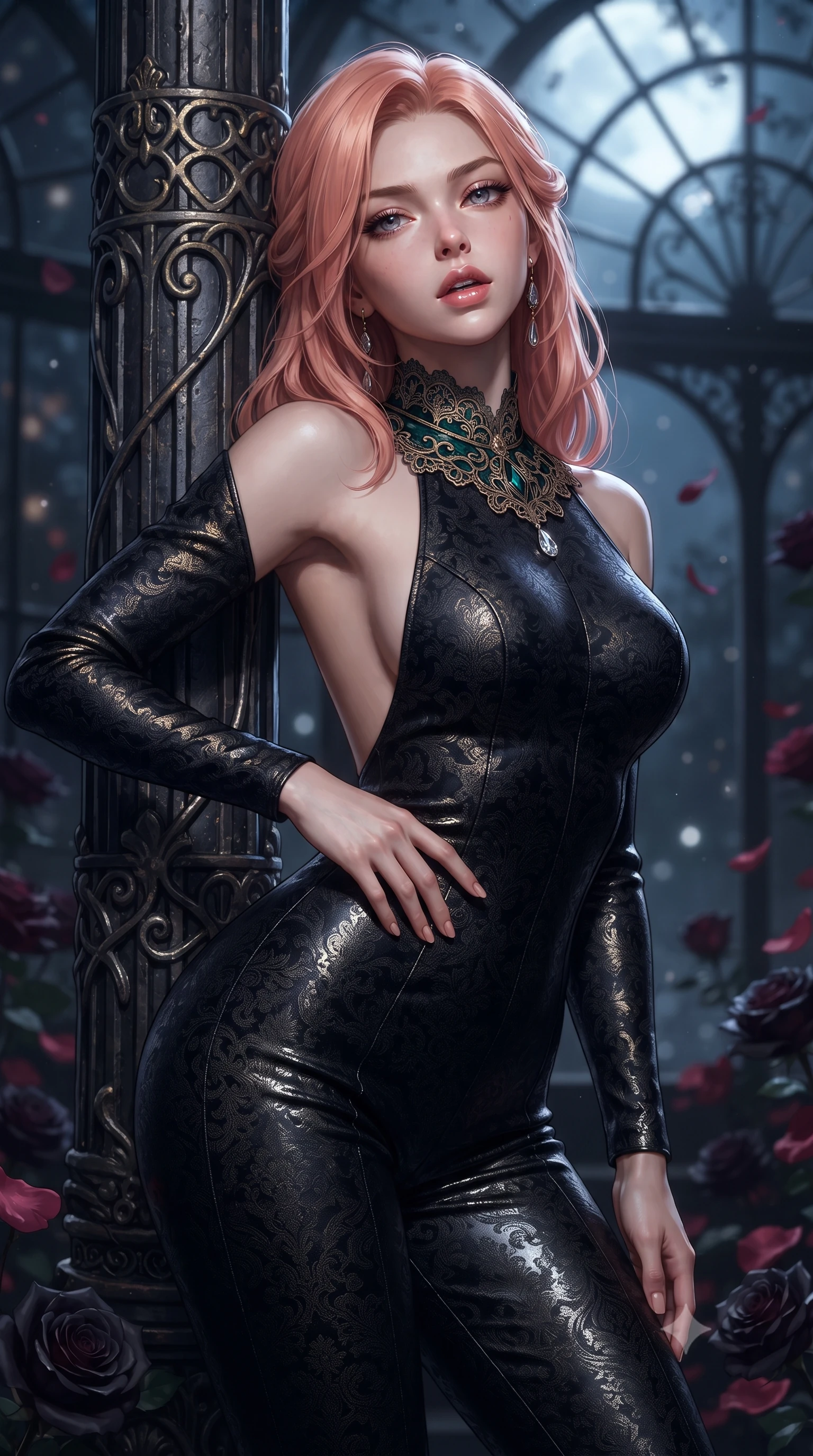 score_9, masterpiece, best quality, ultra-detailed, high-budget anime keyframe, editorial fashion photography, tasteful artistic composition, Japanese woman. close-up cowboy shot from the waist and thighs up, the character dominates the composition, filling the frame with her large presence. arching her spine in an alluring serpentine S-curve, one hand resting on her waist with parted glossy lips and an intensely magnetic gaze while leaning back against an ornate wrought-iron conservatory pillar, head tilted in ecstasy with parted glossy lips. The composition keeps background elements in soft focus with creamy bokeh. moonlit orangerie glass framework and blooming black rose petals blurred into deep obsidian, wine-ruby, and lunar-silver bokeh. She has an exceptionally elegant, slender, and willowy female figure with an ultra-slim waist, a gracefully sculpted slender torso, toned flat midriff, and a refined slim silhouette. sharp v-shaped jawline, high-bridge nose, intricate jewel-like eyes with depth, thick eyelashes, glossy parted lips with a natural sheen, intensely captivating and seductive expression, flawlessly proportioned anatomical accuracy, strict slender model proportions, natural body alignment, perfectly sculpted long slender limbs, ultra-slim waistline, clean dynamic posture without body distortion. wearing a second-skin midnight leather catsuit featuring an open back and delicate lace-patterned collar in antique emerald velvet and gold filigree, made of rich textured jacquard silk with baroque gold thread, accented with delicate crystal teardrop pendants at the neckline, the form-contouring material adhering flawlessly to her sculpted flat midriff and slender torso, emphasizing her long leg lines and perfectly proportioned willowy build. illuminated by dramatic chiaroscuro key light sharply carving her slender waist, bare collarbones, and jawline. ultra-reflective glossy finish, specular highlights, rich textural contrasts, high-contrast stereoscopic depth, volumetric dynamic lighting, 2k, ultra detail, master piece, 9:16 ratio
