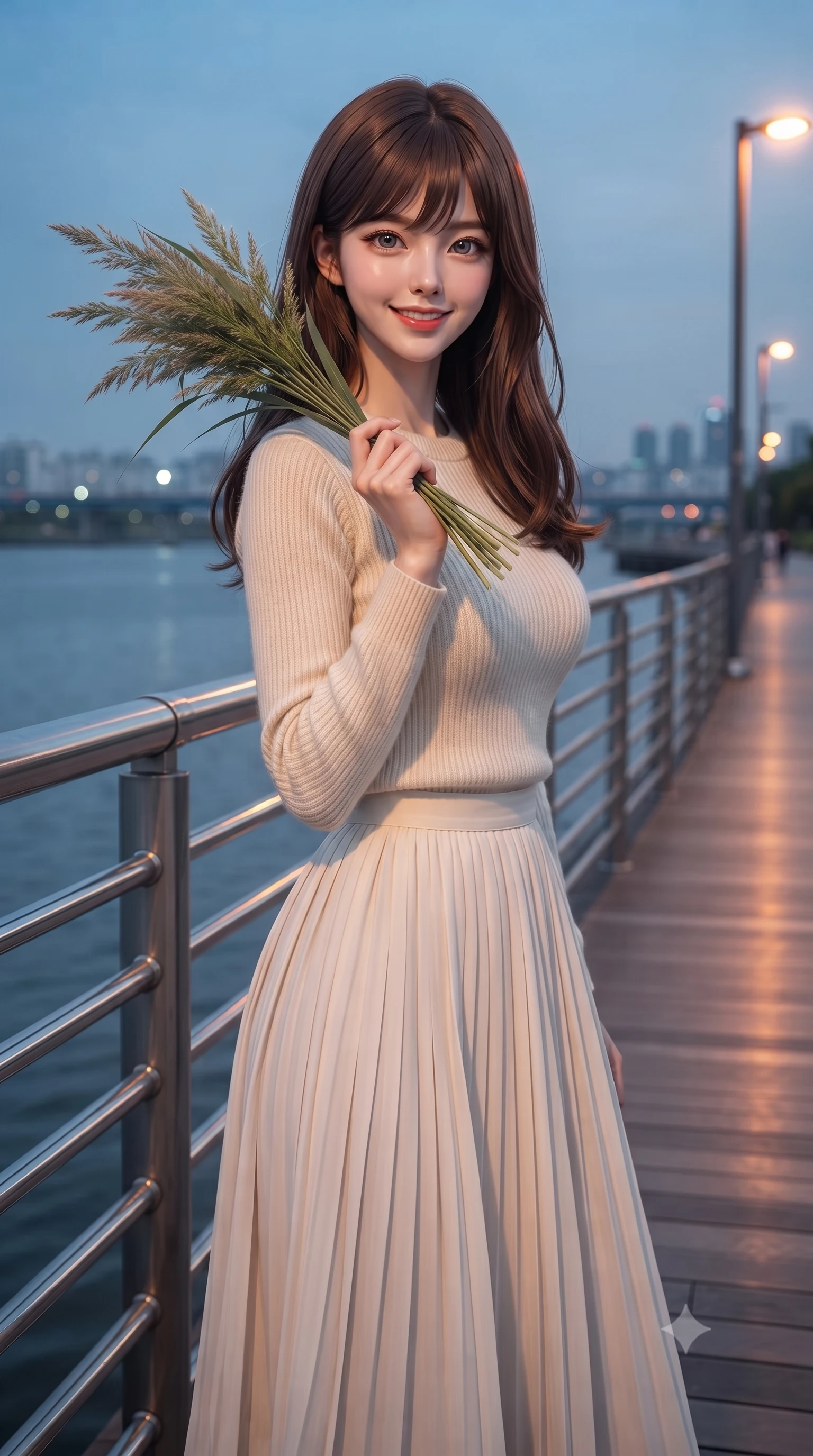 score_9, masterpiece, best quality, ultra-detailed, high-budget anime keyframe, editorial fashion photography, tasteful artistic composition, Korean woman. close-up cowboy shot from the waist and thighs up, the character dominates the composition, filling the frame with her large presence, background elements kept in soft focus. flashing a sweet yet sultry smile, holding her hand near her shoulder in a poised gesture set against a soft-focus background of walking along a modern riverside boardwalk with metal railings holding a bunch of fresh river reeds with a happy, cute expression. She has an exceptionally elegant, slender, and willowy female figure with an ultra-slim waist, a gracefully sculpted slender torso, and a refined silhouette. sharp v-shaped jawline, high-bridge nose, intricate jewel-like eyes with depth, thick eyelashes, glossy lips with a natural sheen. wearing slim-fit cozy knit sweater in cream, paired with a flowy pleated midi skirt. cool twilight sky glow contrasting with the warm orange light of streetlamps. ultra-reflective glossy finish, specular highlights, metallic sheen, high-contrast stereoscopic depth, volumetric dynamic lighting, 2k, ultra detail, master piece, 9:16 ratio