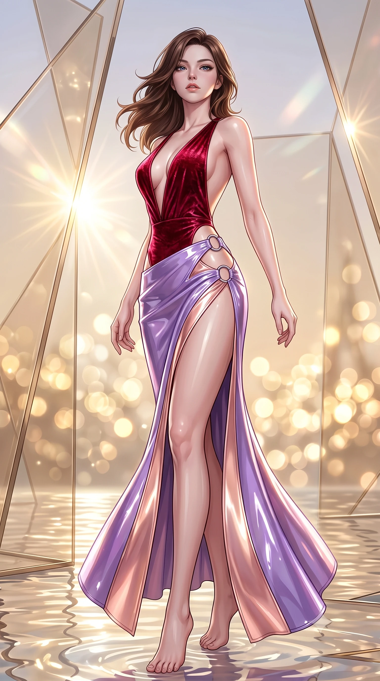 score_9, masterpiece, best quality, ultra-detailed, high-budget anime keyframe, semi-realistic 3D game render, editorial fashion photography, tasteful artistic composition, Korean woman. low angle full-body shot from head to toe showing her feet, filling the entire 9:16 vertical frame with her statuesque presence, stretching her vertical silhouette. pivoting dynamically in mid-motion with a breathtakingly alluring posture, displaying her flawless model proportions and ultra-slim waist while pivoting dynamically amidst geometric champagne-tinted glass panels reflecting sparkling sunbursts. The composition keeps background elements in soft focus with creamy bokeh. champagne-tinted glass reflections and shimmering water surfaces blurred into glowing golden bokeh. She has an absolutely perfect, statuesque 8.5-heads proportion, an exceptionally tall and slender model-like female figure with impossibly long slender legs, a toned flat midriff, and an ultra-slim waist. sharp v-shaped jawline, high-bridge nose, intricate jewel-like eyes with depth, thick eyelashes, glossy lips with a natural sheen, flawlessly proportioned anatomical accuracy, strict slender model proportions, natural body alignment, perfectly sculpted long slender limbs, ultra-slim waistline, clean dynamic posture without body distortion. wearing a backless crimson crushed velvet gown with a deep plunging V-neckline, strategic hip cutouts, and an ultra-high thigh slit in luminous lavender violet and rose gold, formed from high-gloss patent material with specular light reflections, detailed with polished silver rings connecting the daring side-waist cutouts, the form-contouring material adhering flawlessly to her sculpted flat midriff and slender torso, emphasizing her long leg lines and perfectly proportioned willowy build. illuminated by clear directional key light with brilliant specular highlights on glass and water. highly saturated vibrant anime colors, detailed shading with soft gradients, rich glossy textures, high-contrast stereoscopic depth, volumetric dynamic lighting, master piece, 9:16 ratio