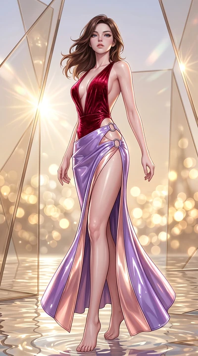 score_9, masterpiece, best quality, ultra-detailed, high-budget anime keyframe, semi-realistic 3D game render, editorial fashion photography, tasteful artistic composition, Korean woman. low angle full-body shot from head to toe showing her feet, fil