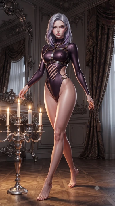 score_9, masterpiece, best quality, ultra-detailed, high-budget anime keyframe, editorial fashion photography, tasteful artistic composition, Caucasian woman. low angle full-body shot from head to toe showing her feet, filling the entire 9:16 vertica