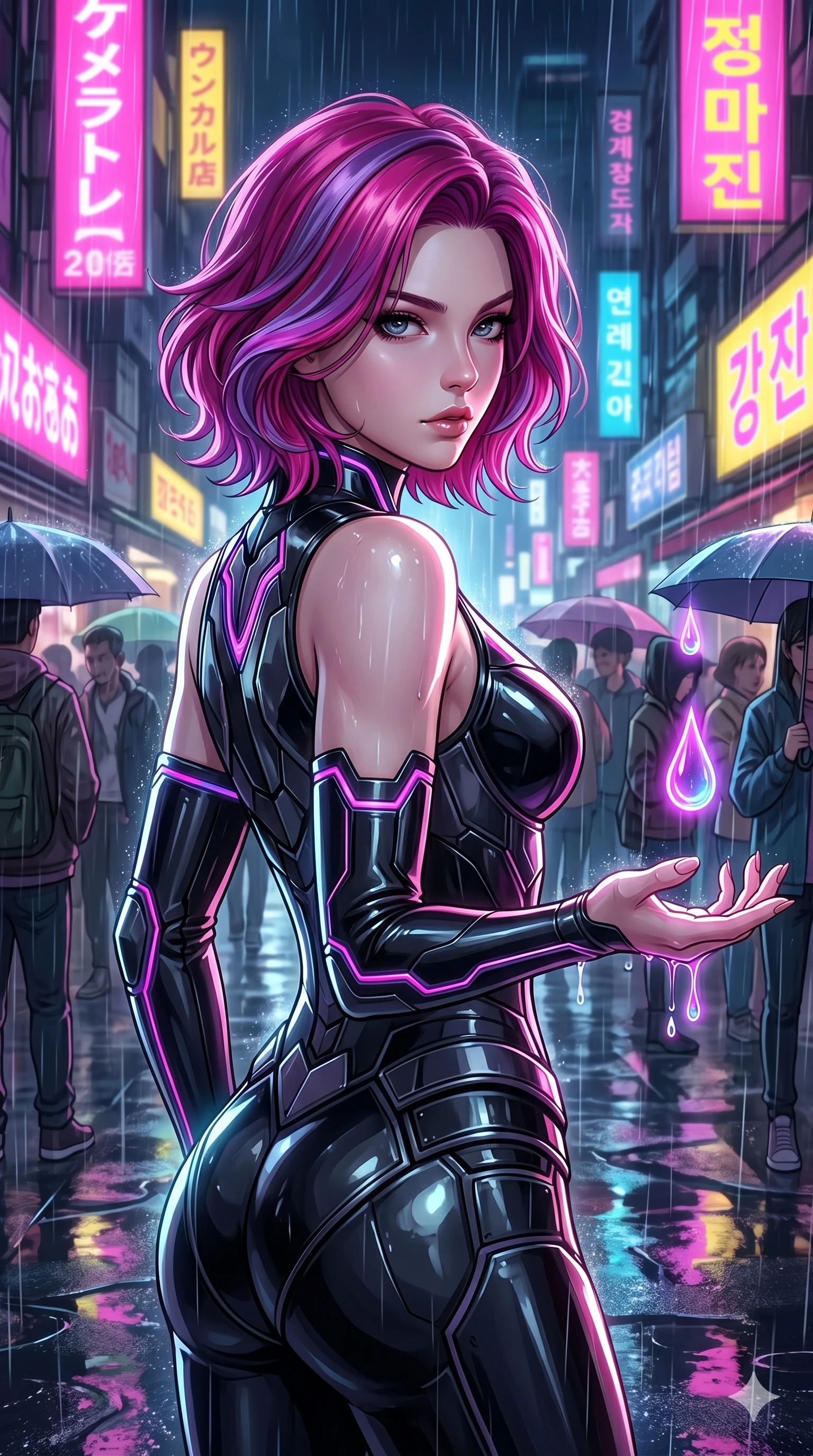 score_9, masterpiece, best quality, ultra-detailed, high-budget anime keyframe, Caucasian woman, strictly human ears. Upper body close-up from the thighs up, character filling the screen for maximum presence. She is turning around sharply in a futuristic night market, with rain reflections on wet asphalt. She reaches out a hand to catch neon-lit rain droplets with an intense, magnetic gaze. She has an absolutely perfect 8-heads proportion, a tall and elegant figure with a refined silhouette and a defined waistline. V-shaped jawline, high-bridge nose, intricate jewel-like eyes with depth, thick eyelashes, glossy lips with a natural sheen. She is wearing a structured cybernetic bodice in glossy vinyl panels, paired with detached sleeves and a refined V-neckline detailed with glowing piping. The scene is lit by bright pink and yellow neon billboards and a sharp white key light tracing her silhouette. 2k, ultra detail, master piece, 9:16 ratio