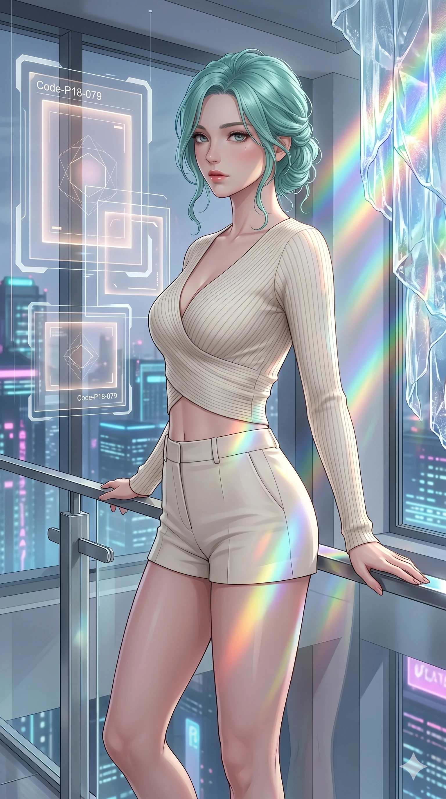 score_9, masterpiece, best quality, ultra-detailed, high-budget anime keyframe, editorial fashion photography, tasteful artistic composition, Japanese woman. cowboy shot from the thighs up, character and outfit filling the frame for maximum editorial presence. resting one hand on the metal railing, casting a slow gaze over her shoulder inside a futuristic penthouse suite with floating holographic art frames (Code-P18-079). She has an absolutely perfect 8-heads proportion, an exceptionally tall and slender female figure with impossibly long slender legs and an ultra-slim waist. V-shaped jawline, high-bridge nose, intricate jewel-like eyes with depth, thick eyelashes, glossy lips with a natural sheen. wearing a modern wrap top with an exposed midriff and matching micro-shorts. cascading rainbow prismatic light refracting through ice, painting colors on her body. 2k, ultra detail, master piece, 9:16 ratio