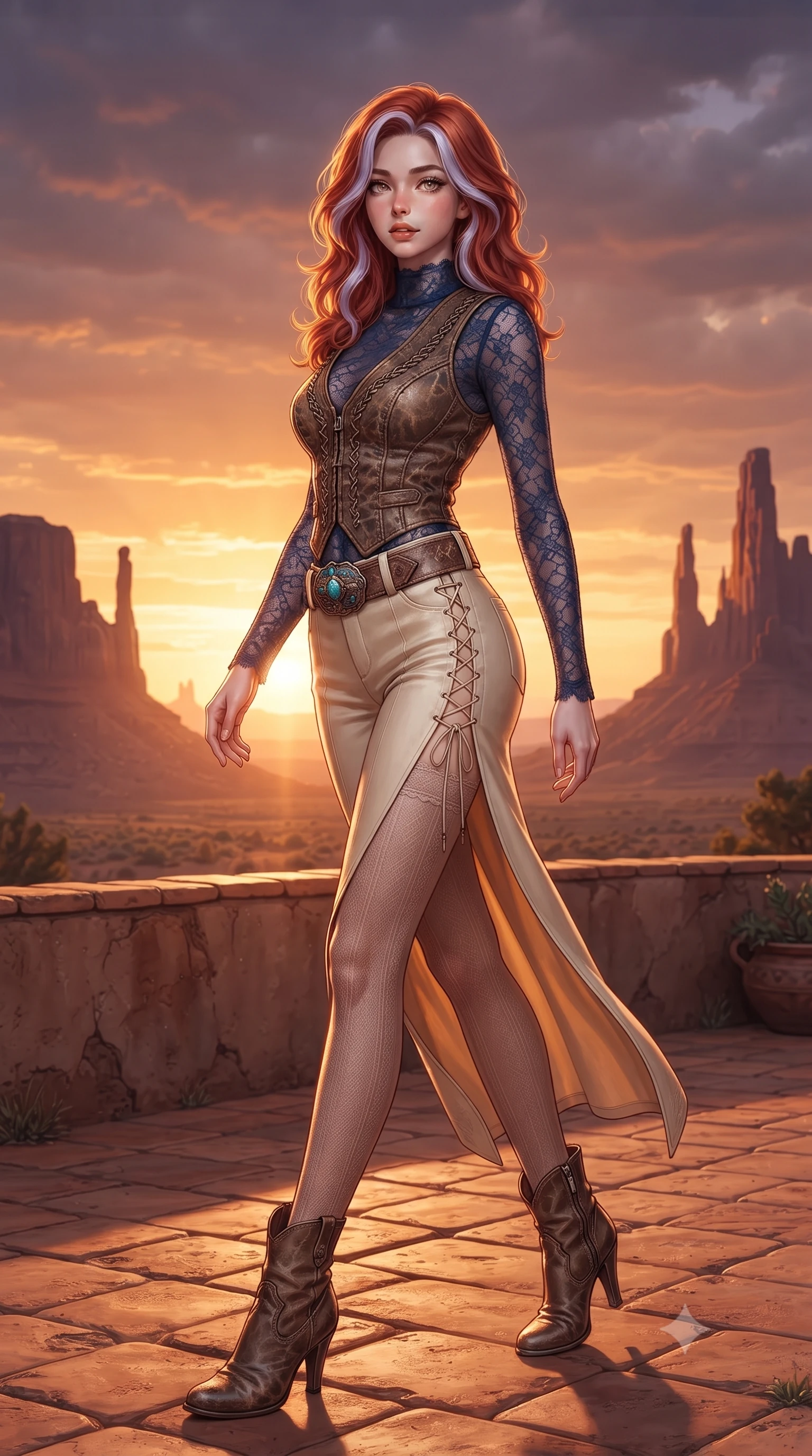 score_9, masterpiece, best quality, ultra-detailed, high-budget anime keyframe, editorial fashion photography, tasteful artistic composition, Caucasian woman. low angle full-body shot from head to toe showing her feet, filling the entire 9:16 vertical frame with her statuesque presence, stretching her vertical silhouette. walking along the terrace with poise, looking back over her bare shoulder with an irresistible smoldering bedroom-gaze while twisting her slender torso in an alluring S-curve, blazing desert sunset rays outlining her form-fitting outfit and curvy hips. The surrounding environment is rendered in vivid detail and crisp panoramic clarity: detailed distressed leather vest stitching, turquoise belt buckle relief, and iconic Arizona geological formations in razor-sharp precision. She has an absolutely perfect, statuesque 8.5-heads proportion, an exceptionally tall and slender model-like female figure with impossibly long slender legs, an ultra-slim waist, a flat toned midriff, narrow delicate ribcage, and beautifully sculpted feminine hips creating a graceful, slim hourglass silhouette without any bulky heaviness. sharp v-shaped jawline, high-bridge nose, sparkling eyes with hypnotic seductive depth, thick curled eyelashes, glossy parted lips with a natural dewy peach sheen, alluring bedroom-eyes with an enchanting coquettish smile, exuding magnetic siren charisma and sophisticated glamour, flawlessly proportioned anatomical accuracy, strict slender model proportions, natural body alignment, perfectly sculpted long slender limbs, ultra-slim waistline, clean dynamic posture without body distortion. wearing a liquid metallic lamé one-piece swim dress clinging like a second skin with hip-high side cutouts in French Riviera navy blue and warm champagne ivory, crafted from smooth liquid-tight stretch jersey emphasizing every curve of her body, featuring fine criss-cross lace-up side ties revealing tantalizing glimpses of her hip curve, the high-slit wrap tailoring accentuating her ultra-slim waistline and the enchanting curve of her feminine hips with alluring seductive charm. bathed in intense blazing sunset light washing horizontally across the desert valley floor. ultra-reflective glossy finish, specular highlights, rich textural contrasts, high-contrast stereoscopic depth, volumetric dynamic lighting, 2k, ultra detail, master piece, 9:16 ratio