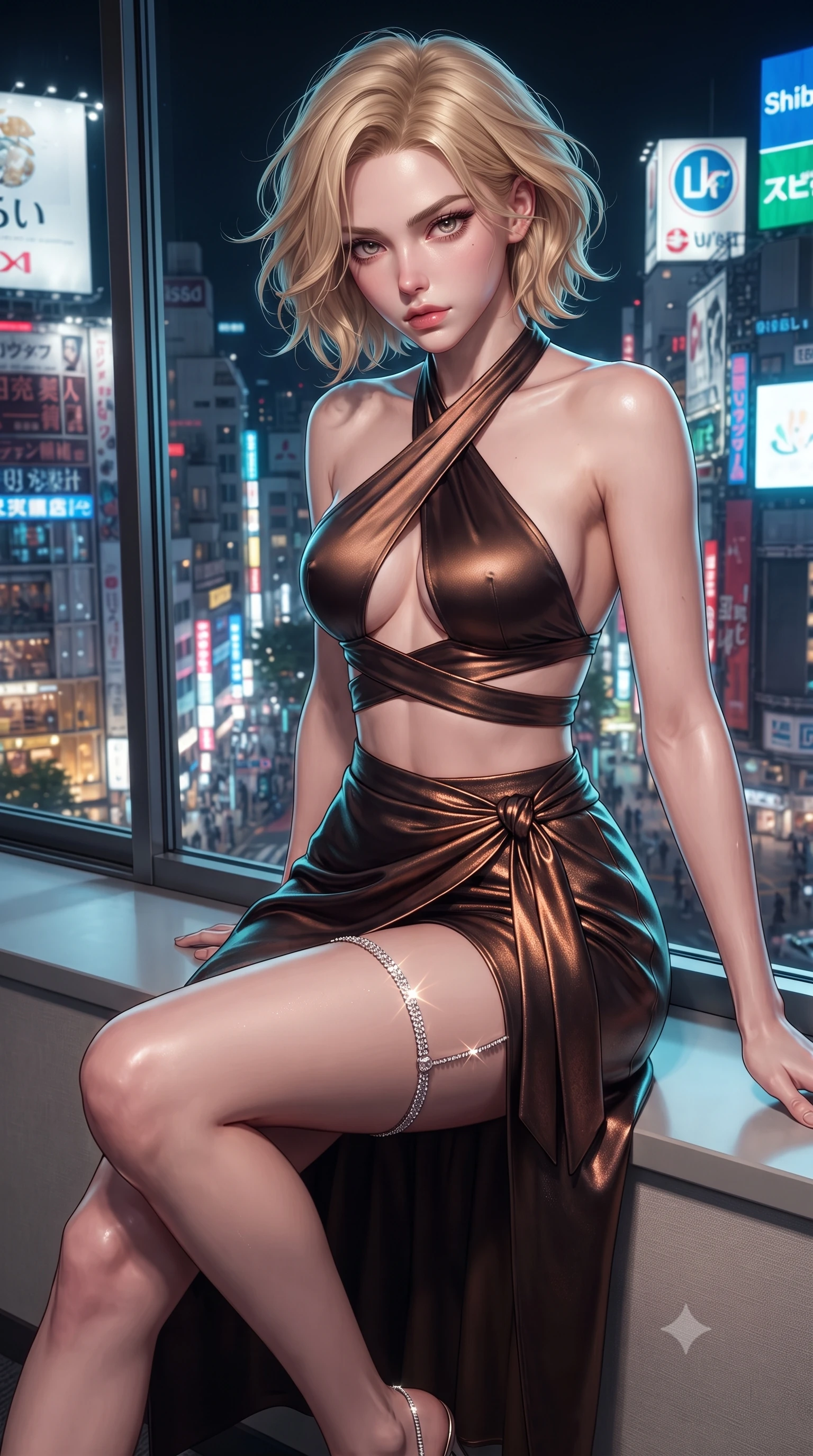 score_9, masterpiece, best quality, ultra-detailed, high-budget anime keyframe, editorial fashion photography, tasteful artistic composition, Caucasian woman. close-up cowboy shot from the waist and thighs up, the character dominates the composition, filling the frame with her large presence. leaning forward while arching her lower back to accentuate her curvy hips, looking into the camera with an intoxicating smoldering gaze and bedroom-eyes while sitting perched on the wide window ledge with legs crossed, looking down at the city with effortless modern idol cool. The surrounding environment is rendered in vivid detail and crisp panoramic clarity: detailed wet-look vinyl pants cling, glossy lip texture, and Shibuya urban architecture in razor-sharp resolution. She has an exceptionally elegant, slender, and willowy female figure with an ultra-slim waist, flat toned midriff, narrow ribcage, and sculpted feminine hips creating an alluring, slim hourglass silhouette without bulk. sharp v-shaped jawline, high-bridge nose, sparkling eyes with hypnotic seductive depth, thick curled eyelashes, glossy parted lips with a natural dewy peach sheen, alluring bedroom-eyes with an enchanting coquettish smile, exuding magnetic siren charisma and sophisticated glamour, flawlessly proportioned anatomical accuracy, strict slender model proportions, natural body alignment, perfectly sculpted long slender limbs, ultra-slim waistline, clean dynamic posture without body distortion. wearing a high-waisted silk wrap sarong skirt with a hip-high slit paired with a plunging criss-cross satin halter top in sultry espresso bronze and metallic copper, woven from buttery-soft stretch lambskin leather adhering to her body like a second skin, accented with a delicate crystal-encrusted thigh garter strap glinting under the lights, the high-slit wrap tailoring accentuating her ultra-slim waistline and the enchanting curve of her feminine hips with alluring seductive charm. illuminated by glass window bounce and sharp electric-cyan rim lights defining her razor-sharp jawline, ultra-slim waist, and curvy hips. ultra-reflective glossy finish, specular highlights, rich textural contrasts, high-contrast stereoscopic depth, volumetric dynamic lighting, 2k, ultra detail, master piece, 9:16 ratio