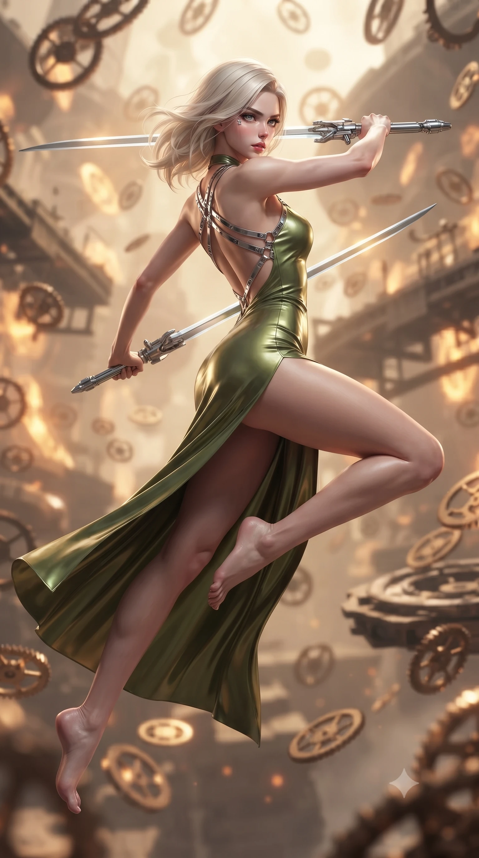score_9, masterpiece, best quality, ultra-detailed, high-budget anime keyframe, editorial fashion photography, tasteful artistic composition, Caucasian woman. low angle full-body shot from head to toe showing her feet, filling the entire 9:16 vertical frame with her statuesque presence, stretching her vertical silhouette. leaping forward while slashing with a twin-bladed plasma sword in mid-air, her body-contouring suit showing her athletic silhouette, the background shows a soft-focus an unstable clockwork bridge suspended in a pocket dimension of floating watch gears. She has an absolutely perfect, statuesque 8.5-heads proportion, an exceptionally tall and slender model-like female figure with impossibly long slender legs and an ultra-slim waist. sharp v-shaped jawline, high-bridge nose, intricate jewel-like eyes with depth, thick eyelashes, glossy lips with a natural sheen. wearing a slim-fit dramatic open-back maxi combat dress in olive green, featuring a high thigh slit and chrome straps. rhythmic pulses of amber chrono-energy waves casting a slow, warm glow. ultra-reflective glossy finish, specular highlights, metallic sheen, high-contrast stereoscopic depth, volumetric dynamic lighting, 2k, ultra detail, master piece, 9:16 ratio