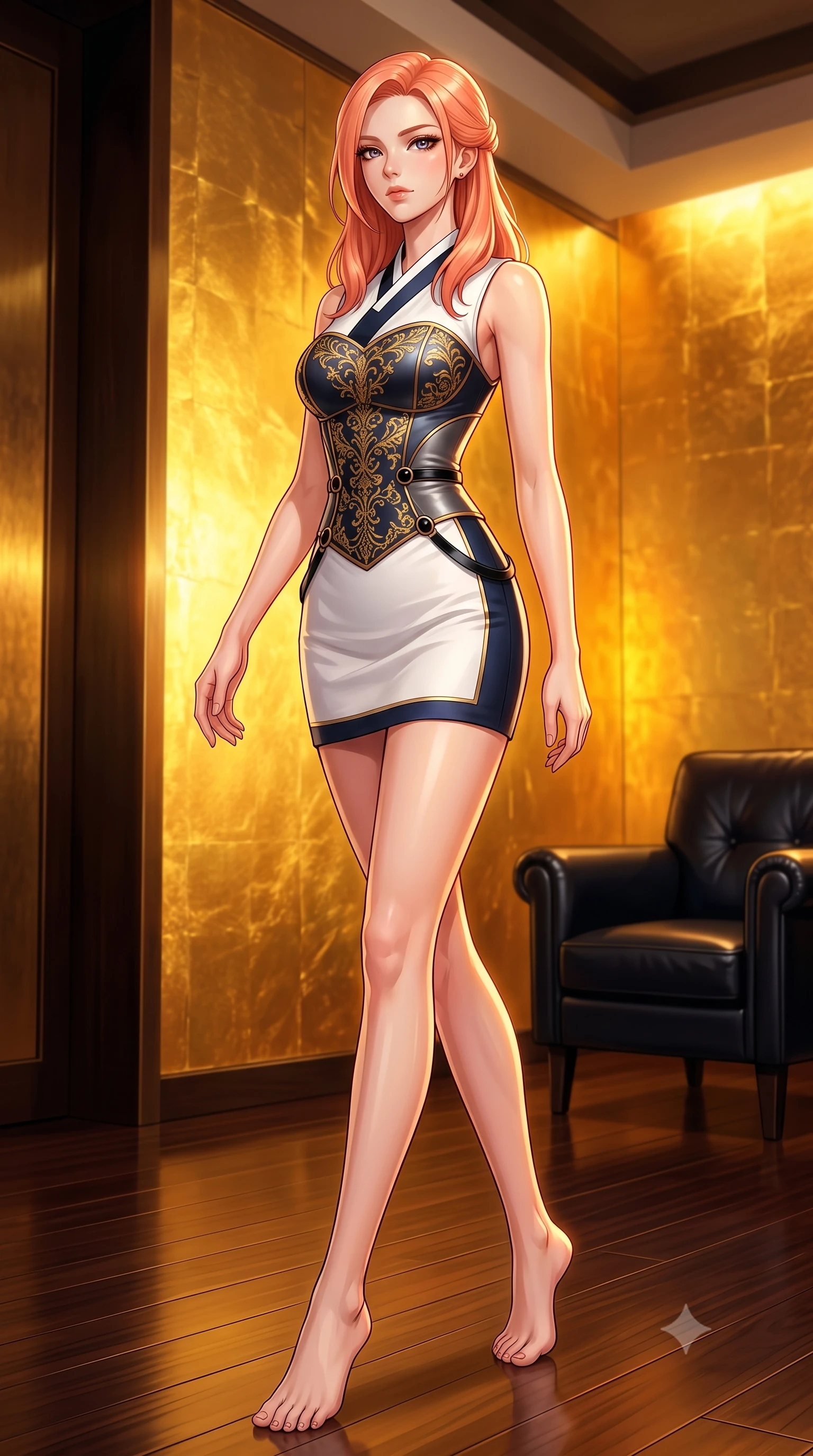 score_9, masterpiece, best quality, ultra-detailed, high-budget anime keyframe, editorial fashion photography, tasteful artistic composition, Japanese woman. low angle full-body shot from head to toe showing her feet, filling the entire 9:16 vertical frame with her statuesque presence, stretching her vertical silhouette. stepping gracefully through the luxurious environment, stretching her statuesque silhouette, lounging in a deep black leather armchair in an exclusive private suite, hand-hammered gold leaf walls radiating an intense, warm golden inner glow. She has an absolutely perfect, statuesque 8.5-heads proportion, an exceptionally tall and slender model-like female figure with impossibly long slender legs and an ultra-slim waist. sharp v-shaped jawline, high-bridge nose, intricate jewel-like eyes with depth, thick eyelashes, glossy lips with a natural sheen. wearing modern fusion white hanbok dress with structured gold-embroidered bodice in midnight navy blue, made of liquid dark mercury jersey, adorned with minimalist black onyx hardware framing the silhouette, contouring every curve with an exceptionally elegant silhouette. illuminated by warm golden light radiating from gold-leaf accent walls. highly saturated vibrant anime colors, detailed shading with soft gradients, rich glossy textures, high-contrast stereoscopic depth, volumetric dynamic lighting, master piece, 9:16 ratio