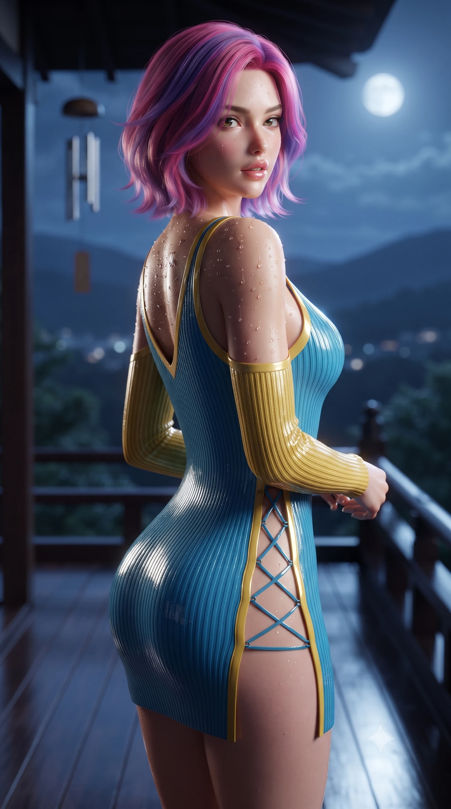 score_9, masterpiece, best quality, ultra-detailed, high-budget anime keyframe, editorial fashion photography, tasteful artistic composition, Caucasian woman. close-up cowboy shot from the waist and thighs up, the character dominates the composition, filling the frame with her large presence. posing in an alluring rear three-quarter angle, looking over a bare shoulder with parted glossy lips, her hips cocked back to highlight her slim hourglass curve while standing poised on the cantilevered dark cedar deck high over Kyoto valley, arching her spine with breathtaking supermodel elegance against the moonlit skyline. The background shows a soft-focus wind-chimes hanging from eaves softened in serene nocturnal panoramic shallow focus. She has an exceptionally elegant, slender, and willowy female figure with an ultra-slim waist, flat toned midriff, narrow ribcage, and sculpted feminine hips creating an alluring, slim hourglass silhouette without bulk. sharp v-shaped jawline, high-bridge nose, sparkling eyes with hypnotic seductive depth, thick curled eyelashes, glossy parted lips with a natural dewy peach sheen, alluring bedroom-eyes with an enchanting coquettish smile, exuding magnetic siren charisma and sophisticated glamour, flawlessly proportioned anatomical accuracy, strict slender model proportions, natural body alignment, perfectly sculpted long slender limbs, ultra-slim waistline, clean dynamic posture without body distortion. wearing a plunging V-neck fine rib-knit sweater dress with daring side-lace openings tracing her hip curve in Amalfi azure blue and sunlit lemon gold, crafted from wet-look high-gloss vinyl fabric with dazzling specular surface reflections, finished with glistening drops of hot spring or lagoon water beading across her sculpted shoulders and collarbones, the form-contouring silhouette accentuating her sculpted flat midriff, narrow delicate ribcage, and gracefully curvy hips with intoxicating allure. illuminated by polished cedar reflection bounce and sharp platinum-gold rim lights sculpting her razor-sharp jawline, narrow waist, and curvy hips. ultra-reflective glossy finish, specular highlights, rich textural contrasts, high-contrast stereoscopic depth, volumetric dynamic lighting, 2k, ultra detail, master piece, 9:16 ratio