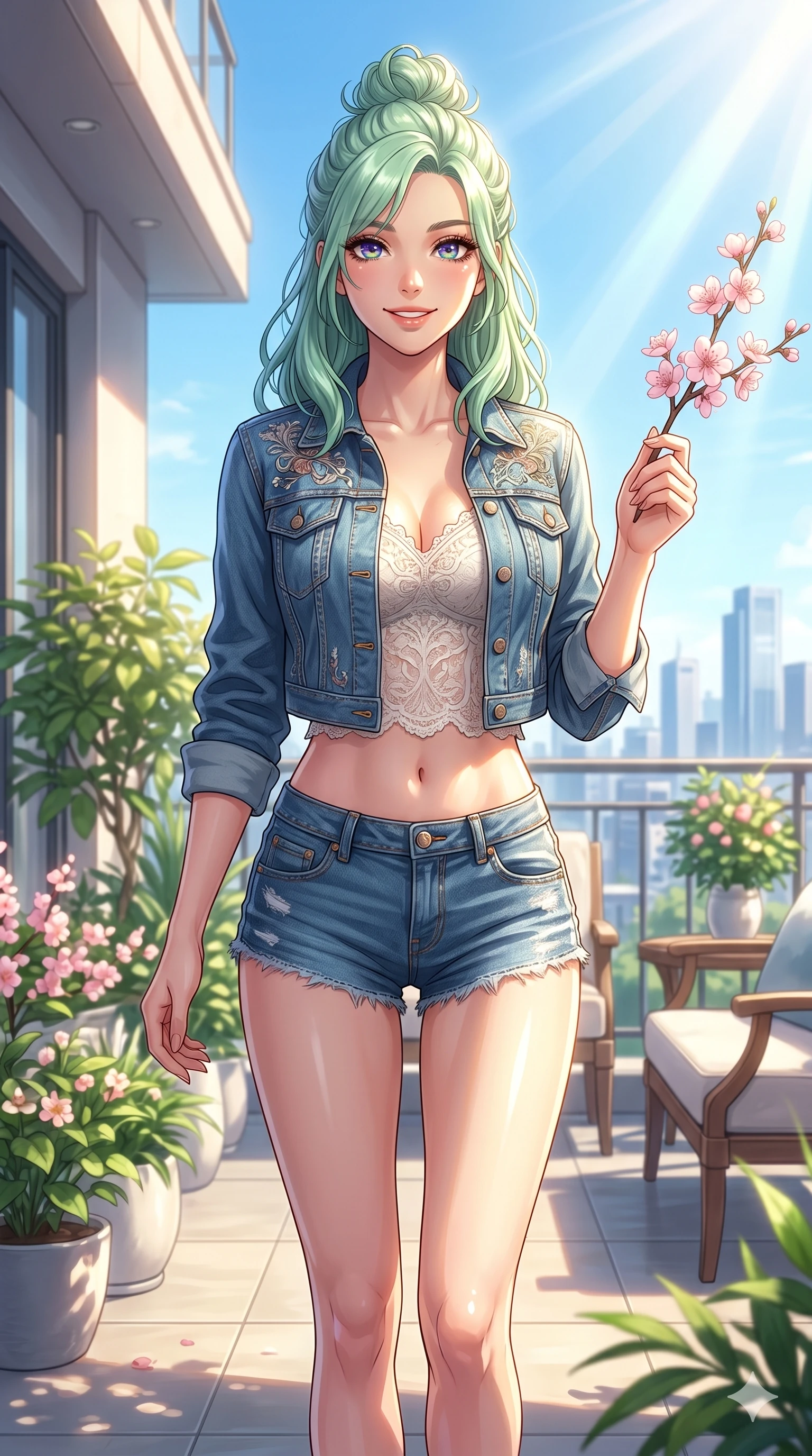score_9, masterpiece, best quality, ultra-detailed, high-budget anime keyframe, vibrant anime aesthetic, Japanese woman. cowboy shot from the thighs up, character and outfit filling the frame for maximum presence. She is holding a spring flower, smiling warmly under the bright sunbeams inside a sun-drenched penthouse terrace at midday (Code-P20-081). She has an absolutely perfect 8-heads proportion, an exceptionally tall and slender female figure with impossibly long slender legs and an ultra-slim waist. V-shaped jawline, high-bridge nose, intricate jewel-like eyes with depth, thick eyelashes, glossy lips with a natural sheen. wearing a cropped jacket showing her exposed midriff and micro-shorts. She is bathed in brilliant, warm morning sunbeams creating sharp highlights on her form. 2k, ultra detail, master piece, 9:16 ratio
