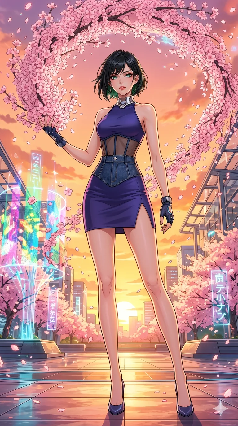 score_9, masterpiece, best quality, ultra-detailed, High-budget Anime Keyframe, beautiful Caucasian anime girl (strictly human ears). Low angle cowboy shot filling the entire 9:16 frame with her statuesque presence. Summoning a wave of pink cherry blossoms in a futuristic park at sunset. She has an absolutely perfect 8-heads proportion, an exceptionally tall and slender female figure with impossibly long slender legs and an ultra-slim waist. Sharp v-shaped jawline, high-bridge nose, intricate jewel-like eyes with depth, thick eyelashes, glossy lips with a natural sheen. Wearing an Urban Trendsetter outfit: deep-cut indigo bodycon dress with high-waist denim and sheer corset overlay. Background is a bright and colorful park with holographic trees and thousands of floating petals. 2k, ultra detail, master piece, 9:16 ratio