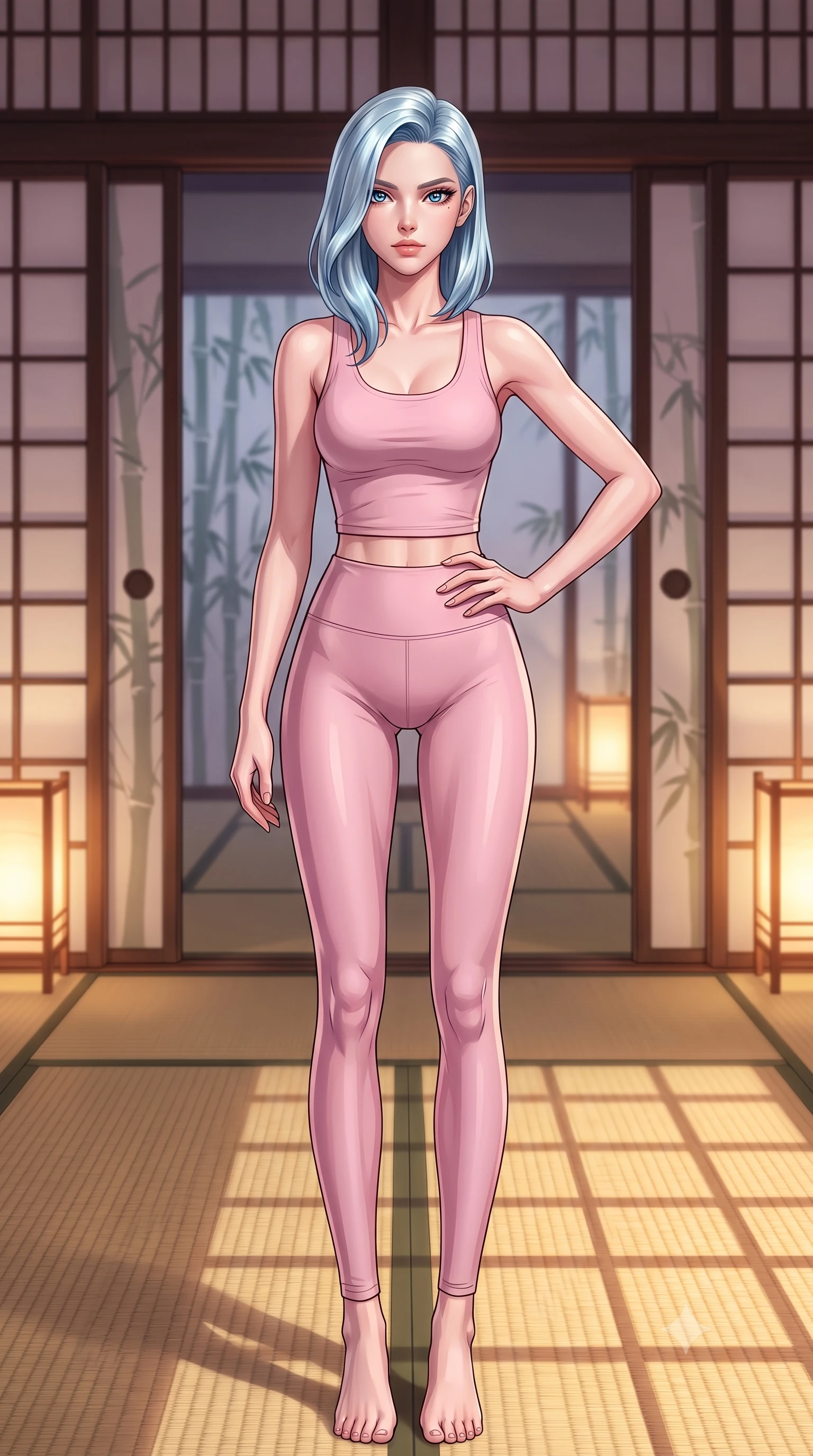 score_9, masterpiece, best quality, ultra-detailed, high-budget anime keyframe, tasteful artistic composition, Korean woman. low angle full-body shot from head to toe showing her feet, filling the entire 9:16 vertical frame with her statuesque presence, stretching her vertical silhouette. posing confidently with one hand on her hip, stretching her statuesque body to emphasize her curves the background shows a soft-focus a traditional paper screen corridor with sliding doors showing bamboo silhouettes. She has an absolutely perfect, statuesque 8.5-heads proportion, an exceptionally tall and slender model-like female figure with impossibly long slender legs and an ultra-slim waist. sharp v-shaped jawline, high-bridge nose, intricate jewel-like eyes with depth, thick eyelashes, glossy lips with a natural sheen. wearing a slim-fit body-hugging light pink crop tank top paired with high-waisted tight-fitting leggings. warm paper lanterns casting soft, diffused grid-like shadow lines on the tatami. highly saturated vibrant anime colors, cel-shading, 2d style, master piece, 9:16 ratio