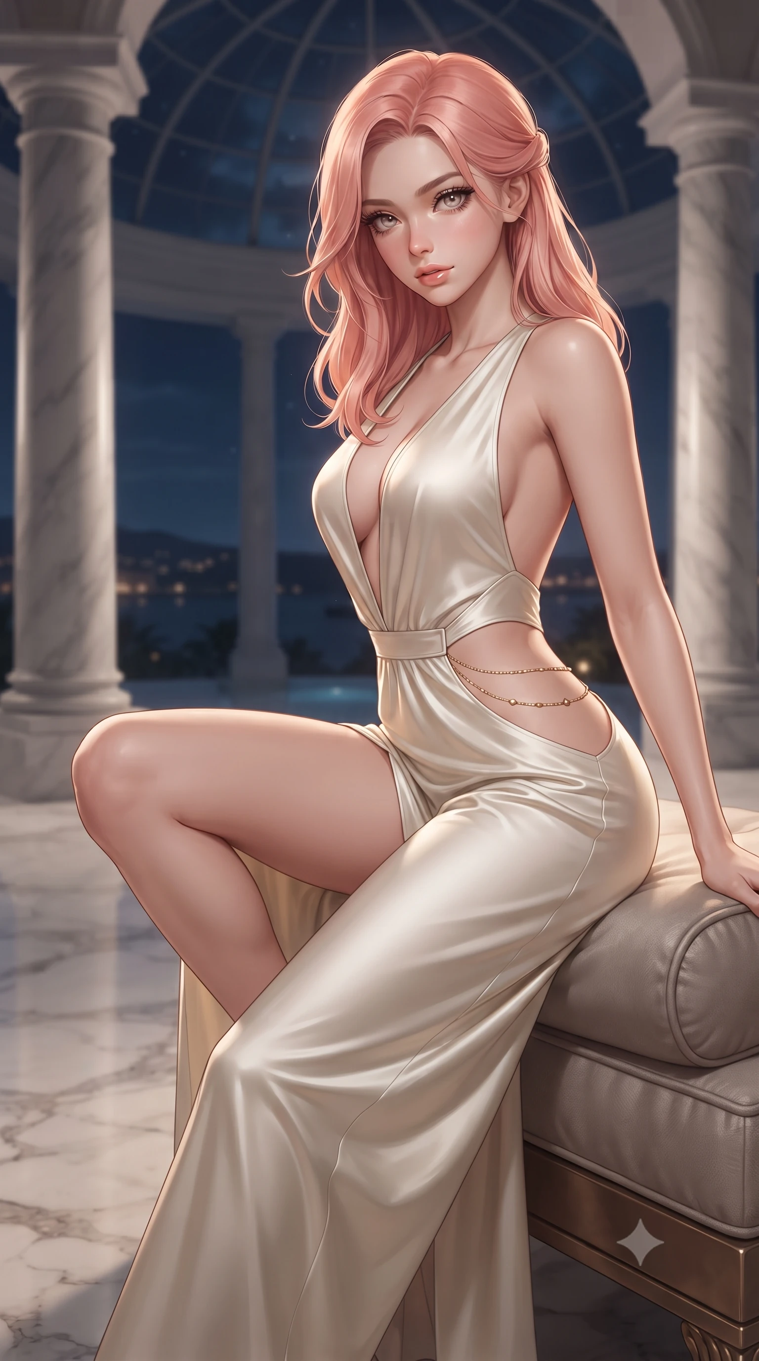 score_9, masterpiece, best quality, ultra-detailed, high-budget anime keyframe, editorial fashion photography, tasteful artistic composition, Japanese woman. close-up cowboy shot from the waist and thighs up, the character dominates the composition, filling the frame with her large presence. perched sideways on the lounge seat, one knee drawn up to showcase her slender leg line while her arched back accentuates her feminine hip curve while walking slowly between the towering Carrara marble columns, arching her lower back to emphasize her curvy hips as night breezes drift from the harbor. The background shows a soft-focus glass conservatory dome softened in grand Mediterranean neoclassical shallow focus. She has an exceptionally elegant, slender, and willowy female figure with an ultra-slim waist, flat toned midriff, narrow ribcage, and sculpted feminine hips creating an alluring, slim hourglass silhouette without bulk. sharp v-shaped jawline, high-bridge nose, sparkling eyes with hypnotic seductive depth, thick curled eyelashes, glossy parted lips with a natural dewy peach sheen, alluring bedroom-eyes with an enchanting coquettish smile, exuding magnetic siren charisma and sophisticated glamour, flawlessly proportioned anatomical accuracy, strict slender model proportions, natural body alignment, perfectly sculpted long slender limbs, ultra-slim waistline, clean dynamic posture without body distortion. wearing a backless plunge-front silk satin jumpsuit with fluid wide-leg silhouette and side hip cutouts in pure alabaster with golden sheen, crafted from fluid liquid silk satin that clings smoothly to every curve with a dewy sheen, accented with a dainty gold belly chain resting across her flat midriff and curving hips, the high-slit wrap tailoring accentuating her ultra-slim waistline and the enchanting curve of her feminine hips with alluring seductive charm. illuminated by polished marble floor specular bounce and sharp platinum rim lights sculpting her razor-sharp jawline, narrow waist, and curvy hips. ultra-reflective glossy finish, specular highlights, rich textural contrasts, high-contrast stereoscopic depth, volumetric dynamic lighting, 2k, ultra detail, master piece, 9:16 ratio