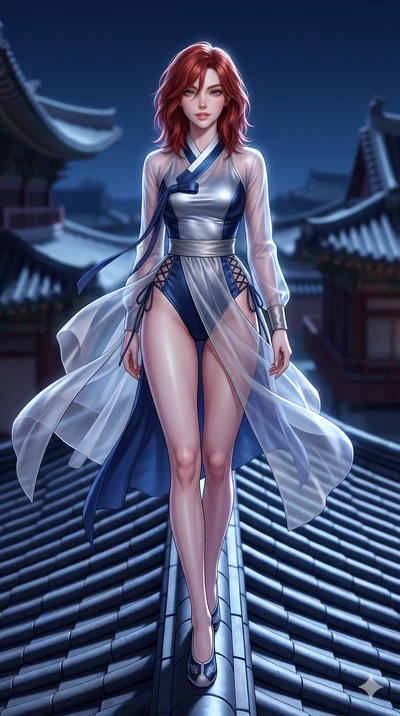 Korean woman. low angle full-body shot from head to toe showing her feet, fil.