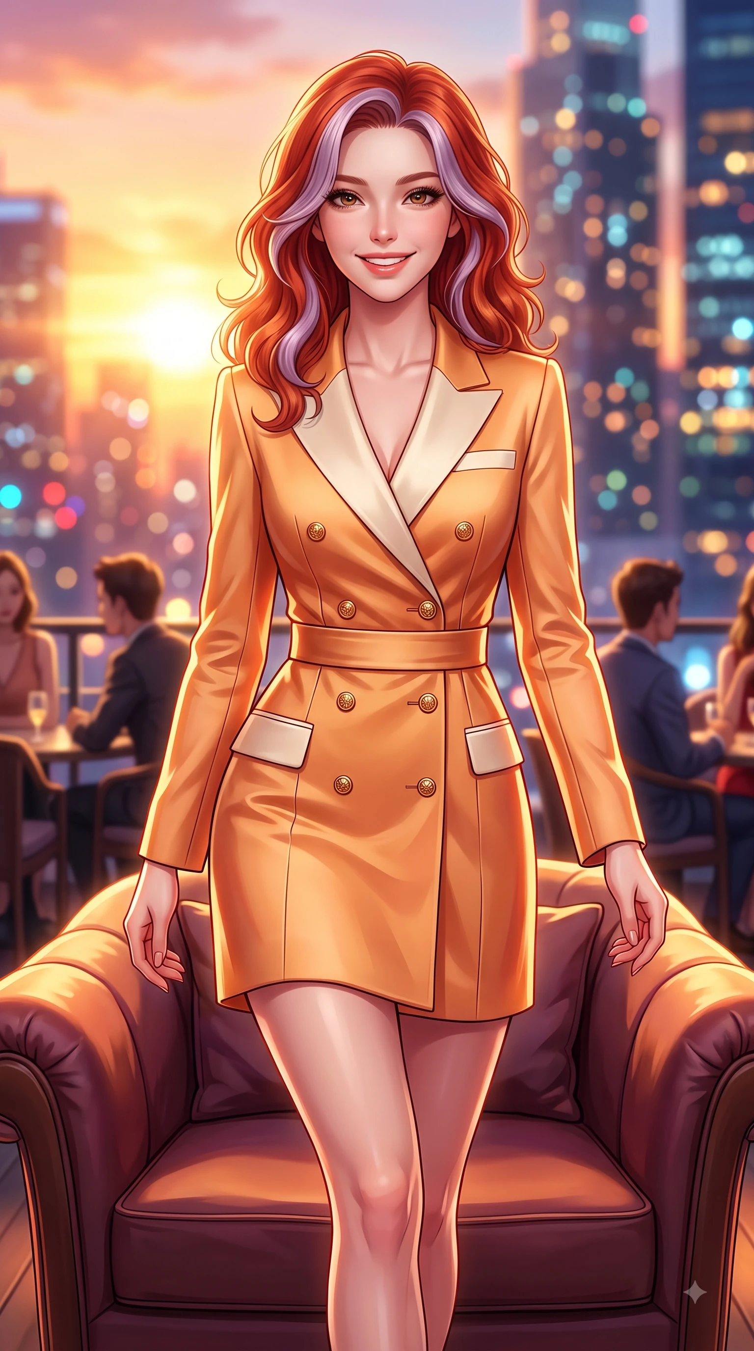 score_9, masterpiece, best quality, ultra-detailed, high-budget anime keyframe, editorial fashion photography, tasteful artistic composition, Caucasian woman. close-up cowboy shot from the waist and thighs up, the character dominates the composition, filling the frame with her large presence. Gazing directly into the camera with a fresh, infectious smile as her torso curves dynamically in mid-stride while lounging in a plush designer chair under warm ambient outdoor terrace lights. The composition keeps background elements in soft focus with dreamy bokeh. twinkling city tower lights and glowing sunset sky blurred into sparkling urban bokeh. She has an exceptionally elegant, slender, and willowy female figure with an ultra-slim waist, a gracefully sculpted slender torso, and a refined silhouette. sharp v-shaped jawline, high-bridge nose, intricate jewel-like eyes with depth, thick eyelashes, glossy lips with a natural sheen, flawlessly proportioned anatomical accuracy, natural body alignment, perfectly sculpted elegant limbs, clean dynamic posture without body distortion. wearing a tailored double-breasted blazer dress with a sleek waist belt and clean lines in warm apricot orange and cream white, crafted from smooth liquid silk satin, adorned with delicate gold buttons along the front, the tailored fabric tightly following every curve of her athletic build. bathed in dramatic golden hour sunset glow and vibrant urban night lights. highly saturated vibrant anime colors, detailed shading with soft gradients, rich glossy textures, high-contrast stereoscopic depth, volumetric dynamic lighting, master piece, 9:16 ratio