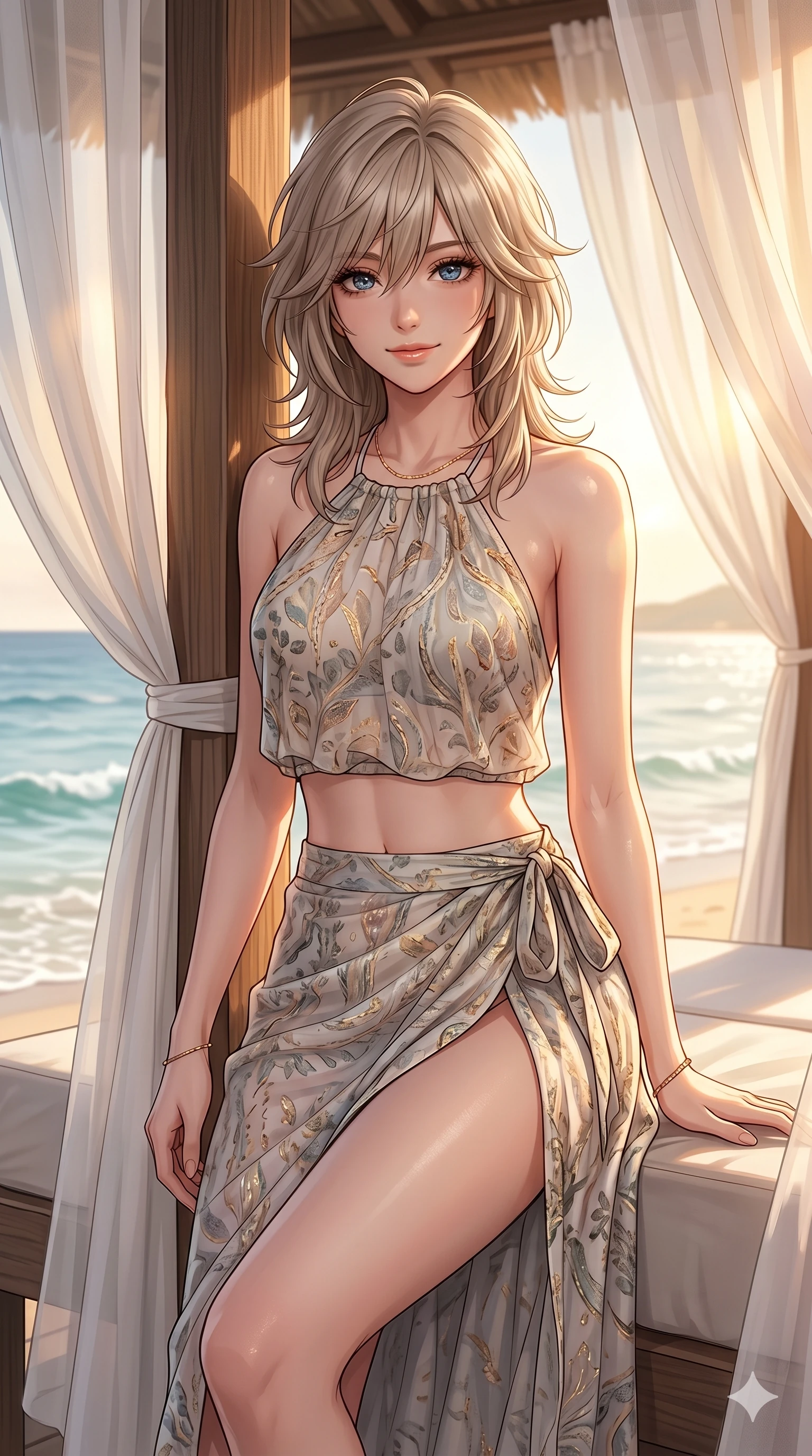 score_9, masterpiece, best quality, ultra-detailed, high-budget anime keyframe, editorial fashion photography, tasteful artistic composition, Japanese woman. cowboy shot from the thighs up, character and outfit filling the frame for maximum editorial presence. smiling warmly with a serene and joyful expression, looking towards the lens with bedroom eyes inside a beachside gazebo with white curtains and ocean views. She has an absolutely perfect 8-heads proportion, an exceptionally tall and slender female figure with impossibly long slender legs and an ultra-slim waist. V-shaped jawline, high-bridge nose, intricate jewel-like eyes with depth, thick eyelashes, glossy lips with a natural sheen. wearing a lightweight chiffon crop halter top and a matching wrap skirt with a high side slit. bathed in warm golden hour light filtering through the curtains, creating a cozy atmosphere. 2k, ultra detail, master piece, 9:16 ratio