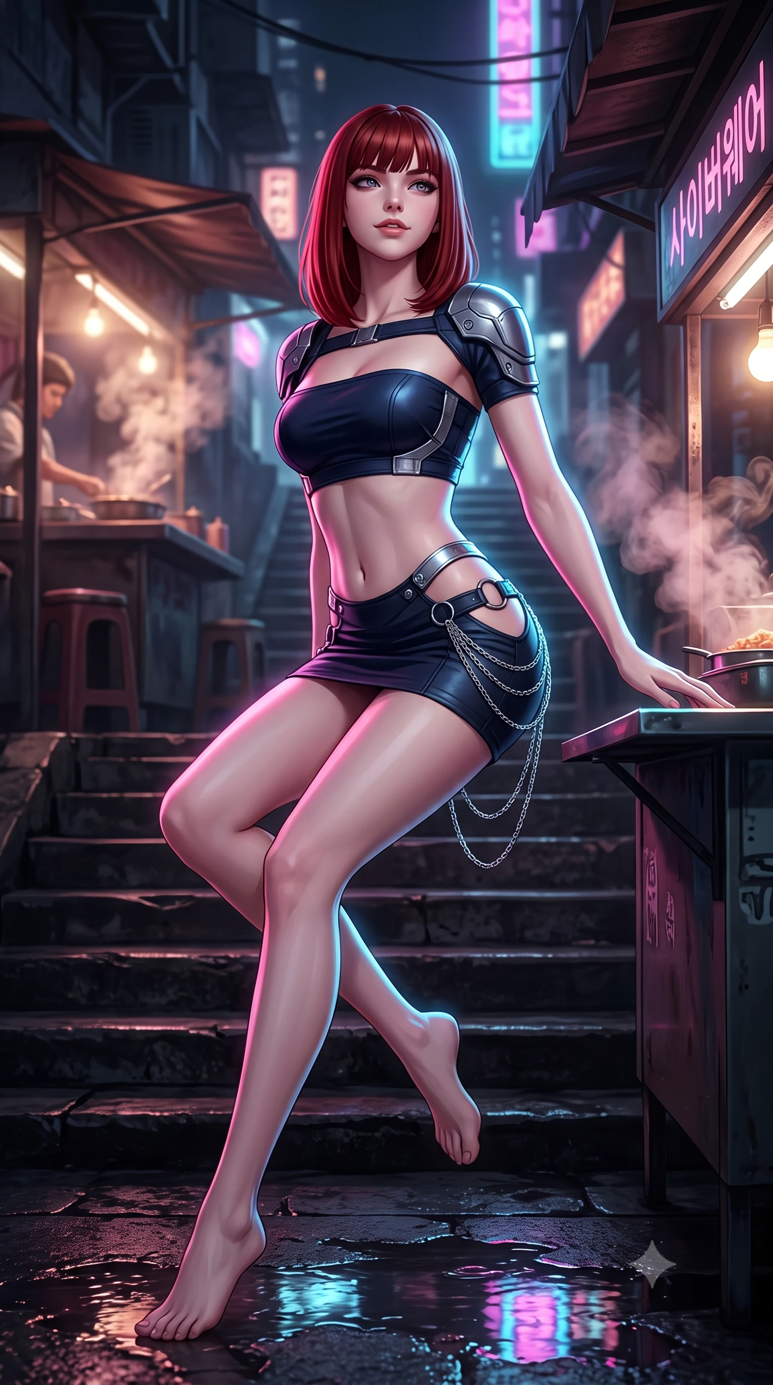 score_9, masterpiece, best quality, ultra-detailed, high-budget anime keyframe, semi-realistic 3D game render, editorial fashion photography, tasteful artistic composition, Caucasian woman. low angle full-body shot from head to toe showing her feet, filling the entire 9:16 vertical frame with her statuesque presence, stretching her vertical silhouette. sitting poised on the stone steps with one knee bent, arching her spine with supermodel elegance as she glances upward through thick eyelashes while leaning against the illuminated cyberware merchant stall with hips cocked back, looking through rising steam plumes with dangerous bedroom-eyes. The background shows a soft-focus swirling aromatic food steam softened in subterranean market alley shallow focus. She has an exceptionally tall and slender model-like 8.5-heads proportion, an ultra-slim waist, a flat toned midriff, narrow delicate ribcage, and beautifully sculpted feminine hips creating a graceful, slim hourglass silhouette without any bulky heaviness, with impossibly long slender legs. sharp v-shaped jawline, high-bridge nose, intricate jewel-like sparkling eyes with depth, thick eyelashes, glossy parted lips with a natural peach sheen, bright cheerful beaming smile with an enchanting and coquettish sensual glint, exuding both youthful cute charm and seductive allure, flawlessly proportioned anatomical accuracy, strict slender model proportions, natural body alignment, perfectly sculpted long slender limbs, ultra-slim waistline, clean dynamic posture without body distortion. wearing an ultra-cropped tactical tech-wear bandeau top with molded shoulder armor paired with a micro mini skirt revealing her flat toned midriff in midnight carbon navy and polished chrome, adorned with delicate chrome ring hardware and cutouts along her slender waist, accented with an open-back drape framed by falling strands of delicate chrome chains, the precision-cut side openings and low-back scoop framing her graceful spine and the sensual sweep of her slim, toned hips. illuminated by puddle reflection bounce and sharp neon-pink rim lights sculpting her jawline, narrow waist, and curvy hips. highly saturated vibrant anime colors, detailed shading with soft gradients, rich glossy textures, high-contrast stereoscopic depth, volumetric dynamic lighting, master piece, 9:16 ratio
