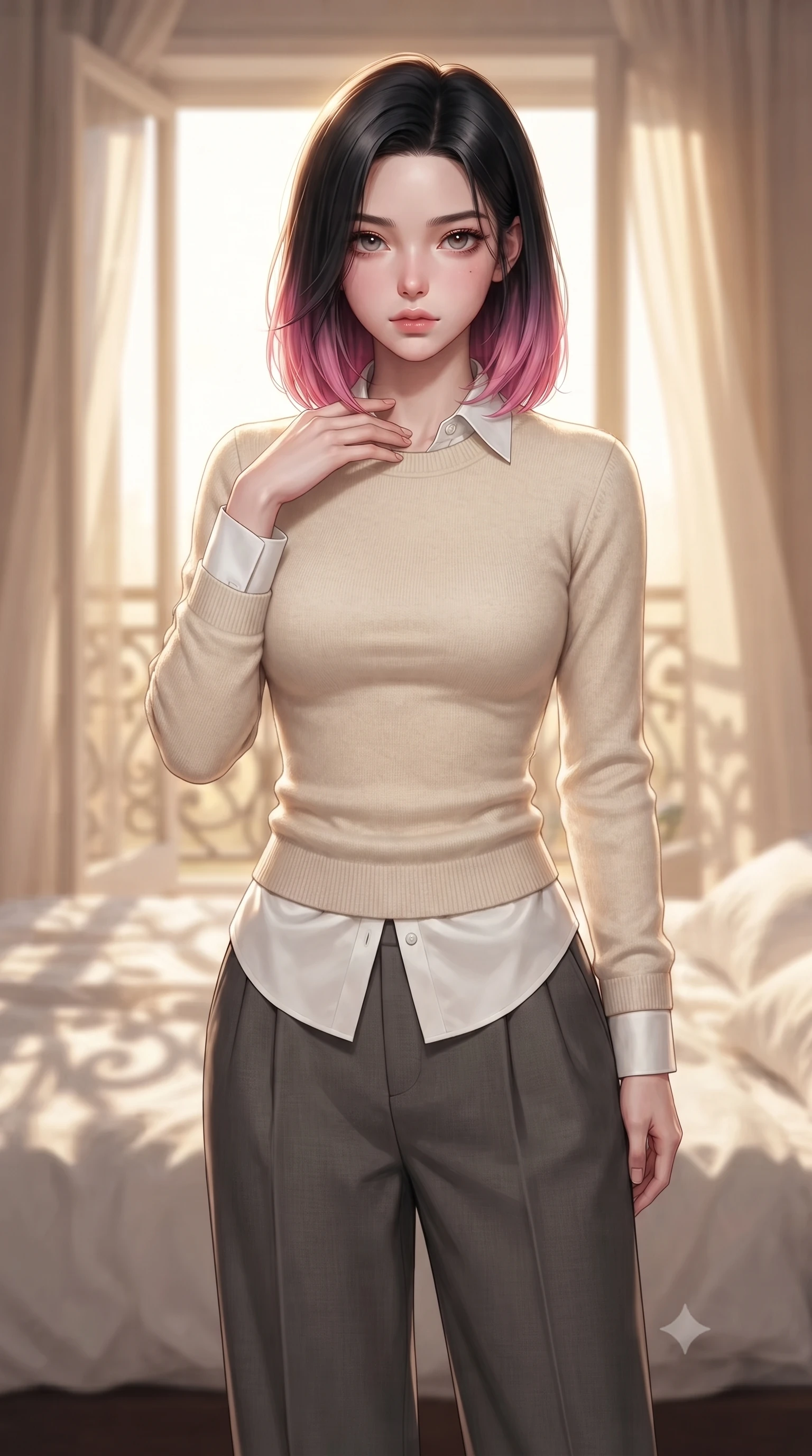 score_9, masterpiece, best quality, ultra-detailed, high-budget anime keyframe, editorial fashion photography, tasteful artistic composition, Korean woman woman. close-up cowboy shot from the waist and thighs up, the character dominates the composition, filling the frame with her large presence, background elements kept in soft focus. standing with one hand resting on her collarbone, looking at the viewer with bedroom-eyes the background shows a soft-focus a soft bed layered in messy white linen sheets, next to a large open window with sheer curtains. She has an exceptionally elegant, slender, and willowy female figure with an ultra-slim waist, a gracefully sculpted slender torso, and a refined silhouette. sharp v-shaped jawline, high-bridge nose, intricate jewel-like eyes with depth, thick eyelashes, glossy lips with a natural sheen. wearing a body-hugging comfortable cream cashmere knit sweater worn over a white silk button-down shirt and relaxed slacks. warm golden morning sunbeams casting soft organic shadows of the balcony railing. ultra-reflective glossy finish, specular highlights, metallic sheen, high-contrast stereoscopic depth, volumetric dynamic lighting, 2k, ultra detail, master piece, 9:16 ratio