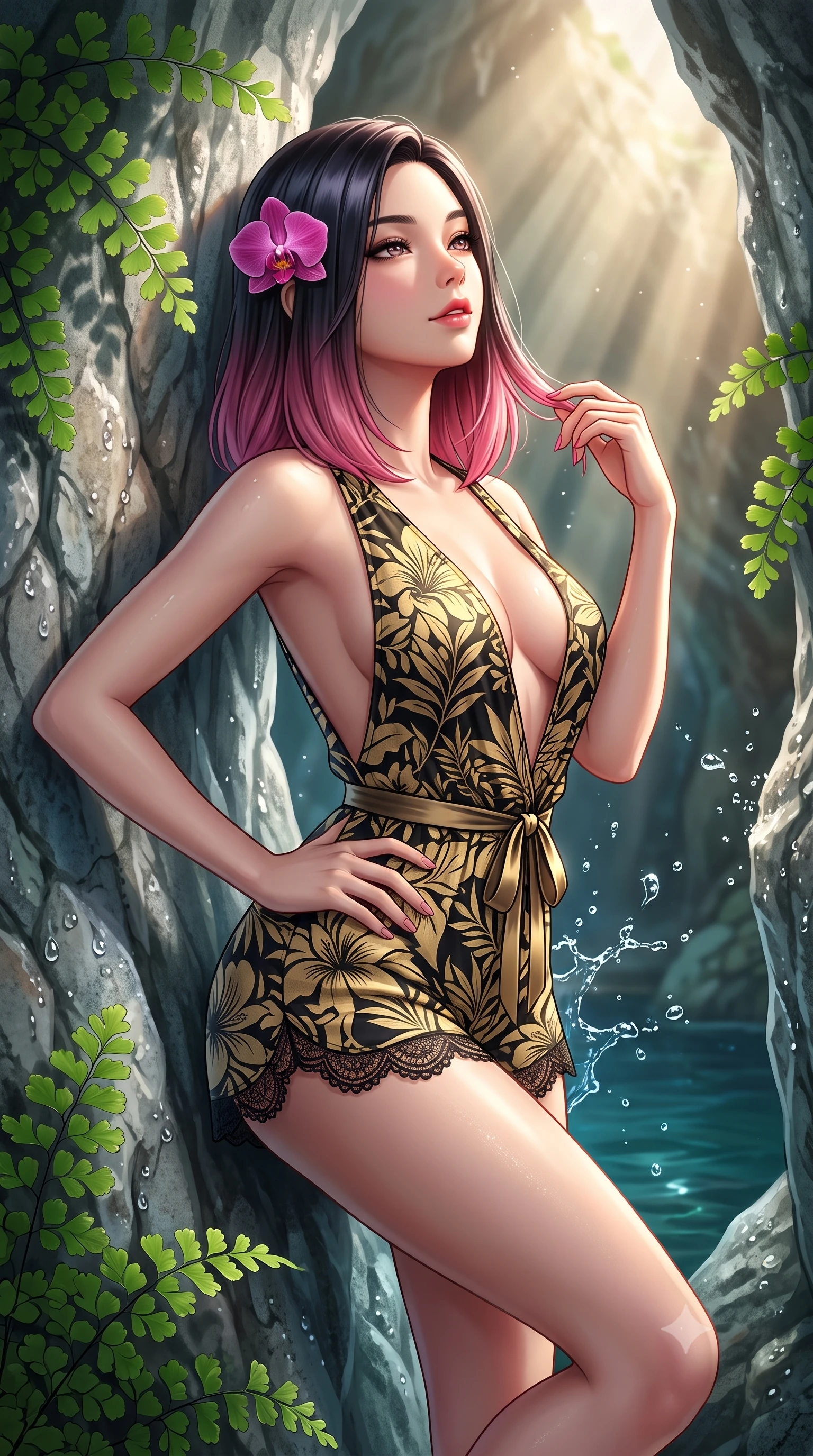 score_9, masterpiece, best quality, ultra-detailed, high-budget anime keyframe, semi-realistic 3D game render, editorial fashion photography, tasteful artistic composition, Korean woman. close-up cowboy shot from the waist and thighs up, the character dominates the composition, filling the frame with her large presence. twisting her slender torso in an alluring contrapposto stance, one hand resting on her sculpted hip while her fingers toy with her hair with effortless poise while leaning against the cool limestone cavern wall with hips cocked back, looking upward through sunbeams with smoldering bedroom-eyes. The surrounding environment is rendered in vivid detail and crisp panoramic clarity: sharp delicate maidenhair fern frond pinnules, limestone cavern texture, and clear water droplet splashes in deep focus. She has an exceptionally elegant, slender, and willowy female figure with an ultra-slim waist, flat toned midriff, narrow ribcage, and sculpted feminine hips creating an alluring, slim hourglass silhouette without bulk. sharp v-shaped jawline, high-bridge nose, sparkling eyes with hypnotic seductive depth, thick curled eyelashes, glossy parted lips with a natural dewy peach sheen, alluring bedroom-eyes with an enchanting coquettish smile, exuding magnetic siren charisma and sophisticated glamour, flawlessly proportioned anatomical accuracy, strict slender model proportions, natural body alignment, perfectly sculpted long slender limbs, ultra-slim waistline, clean dynamic posture without body distortion. wearing a deep V-neck botanical romper with scalloped eyelash-lace hems and a cinched satin ribbon tracing her narrow waist in dual-tone high-contrast gold-and-black monochrome, tailored from fine breathable linen with soft natural texture and elegant drape, accented with a fresh-bloomed exotic magenta orchid tucked gracefully into her dark glossy hair, the high-slit wrap tailoring accentuating her ultra-slim waistline and the enchanting curve of her feminine hips with alluring seductive charm. bathed in dramatic angled shafts of pure morning sunlight (god rays) penetrating the sunken cavern opening. highly saturated vibrant anime colors, detailed shading with soft gradients, rich glossy textures, high-contrast stereoscopic depth, volumetric dynamic lighting, master piece, 9:16 ratio