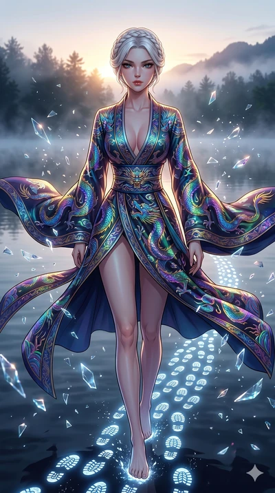 score_9, masterpiece, best quality, ultra-detailed, Set A: High-budget Anime Keyframe, Korean woman. Upper body close-up from the thighs up, character filling the screen for maximum presence. Sliding through a misty lakeside at dawn, as she leaves a 