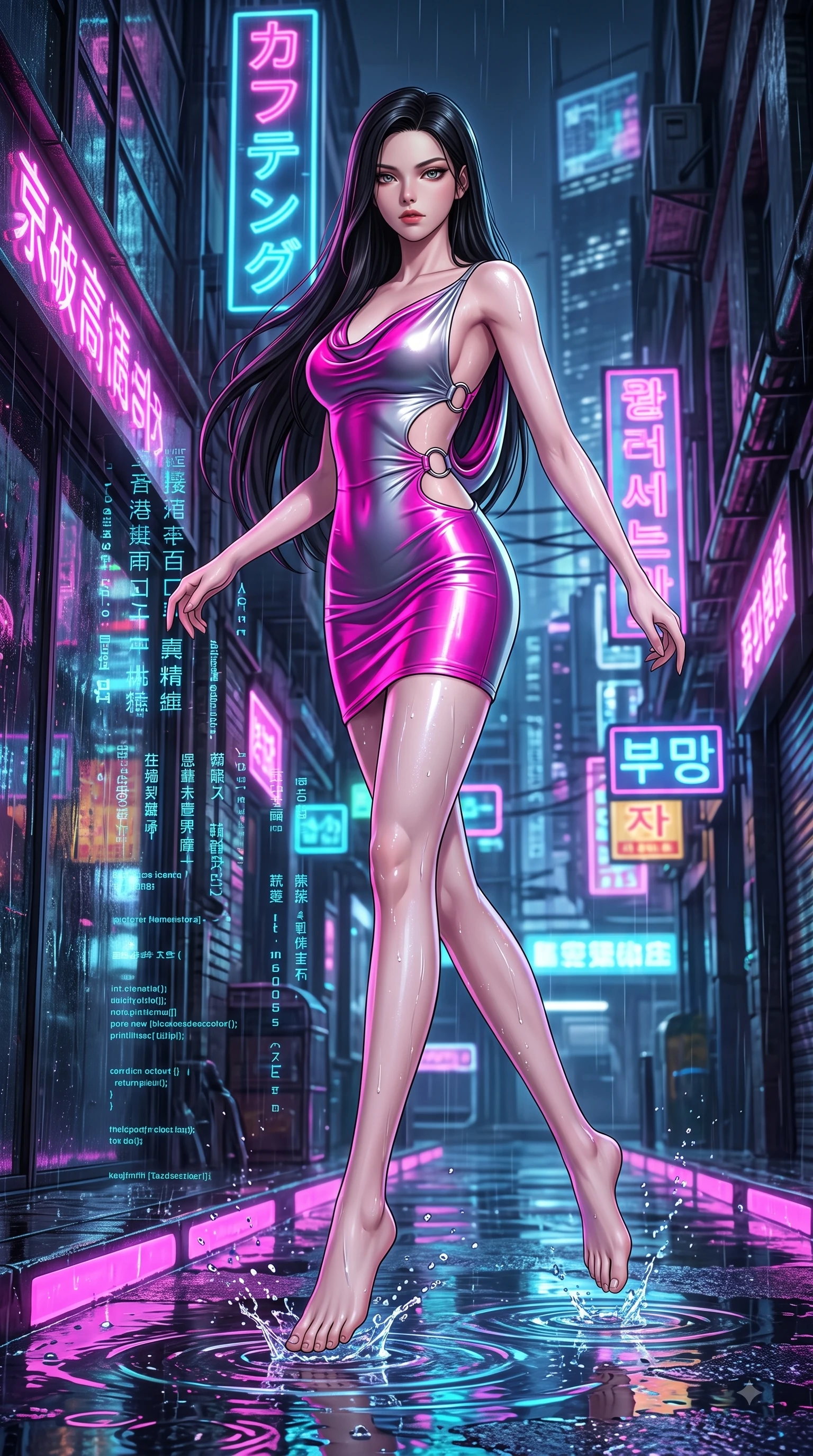 score_9, masterpiece, best quality, ultra-detailed, high-budget anime keyframe, semi-realistic 3D game render, editorial fashion photography, tasteful artistic composition, Korean woman. low angle full-body shot from head to toe showing her feet, filling the entire 9:16 vertical frame with her statuesque presence, stretching her vertical silhouette. performing an alluring mid-air vault with flawless poise, looking directly into the camera with smoldering intensity while stepping gracefully through neon puddles as cascading digital data streams reflect off her wet skin. The surrounding environment is rendered in vivid detail and crisp panoramic clarity. crisp rain droplet splashes, sharp neon sign typography, and wet reflective glass runway textures in deep focus. She has an absolutely perfect, statuesque 8.5-heads proportion, an exceptionally tall and slender model-like female figure with impossibly long slender legs and an ultra-slim waist. sharp v-shaped jawline, high-bridge nose, intricate jewel-like eyes with depth, thick eyelashes, glossy lips with a natural sheen, flawlessly proportioned anatomical accuracy, natural body alignment, perfectly sculpted elegant limbs, clean dynamic posture without body distortion. wearing a precision-fitted liquid jersey bodycon dress with a dramatic draped cowl back that swoops down to her waist in chromatic platinum and blazing neon magenta, made of liquid metal jersey that clings flawlessly to every contour of her build, detailed with polished silver rings connecting the daring side-waist cutouts, the form-contouring second-skin material highlighting her ultra-slim waist and long lines. surrounded by a gritty, glamorous, and intensely cinematic cyberpunk noir atmosphere. highly saturated vibrant anime colors, detailed shading with soft gradients, rich glossy textures, high-contrast stereoscopic depth, volumetric dynamic lighting, master piece, 9:16 ratio