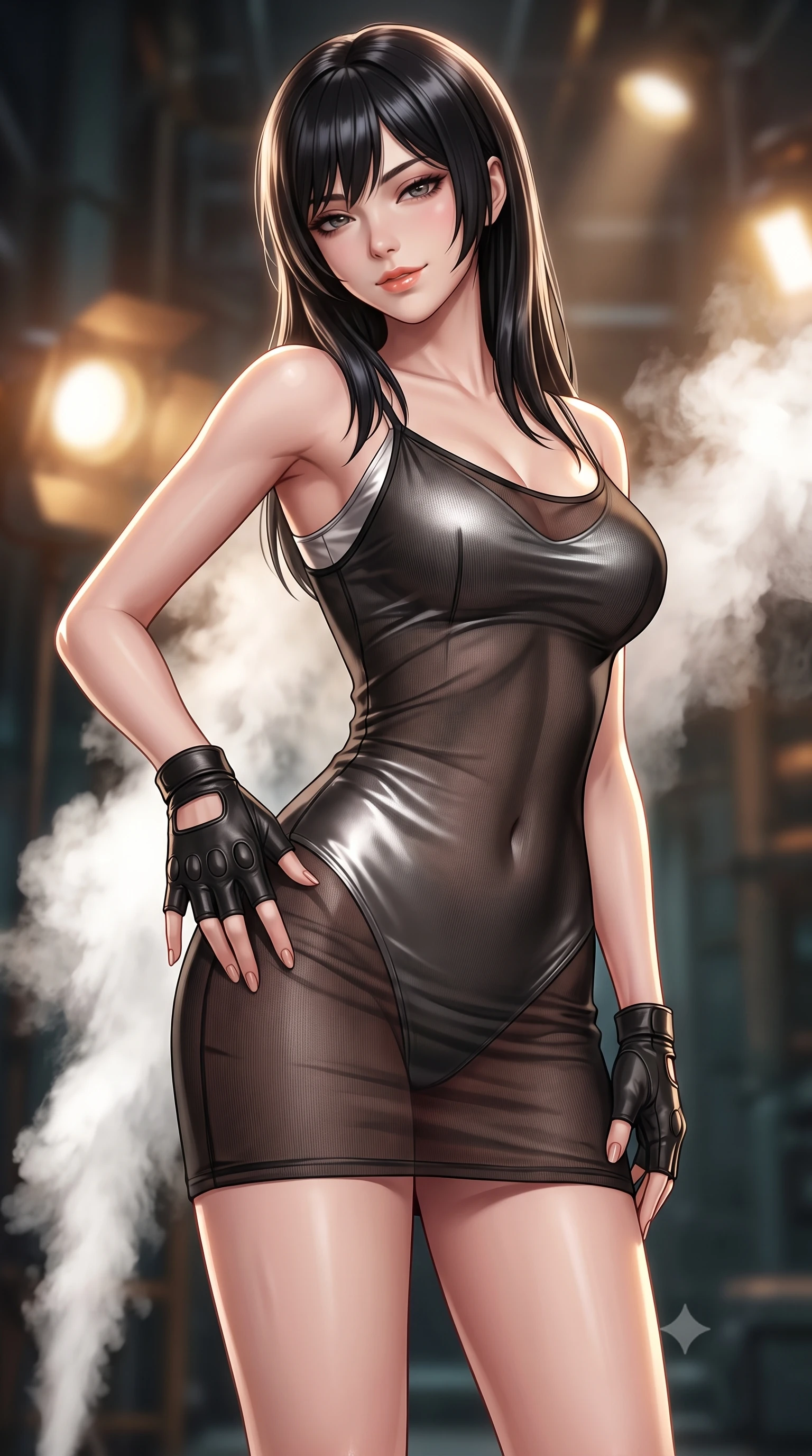 score_9, masterpiece, best quality, ultra-detailed, high-budget anime keyframe, semi-realistic 3D game render, editorial fashion photography, tasteful artistic composition, Caucasian woman. close-up cowboy shot from the waist and thighs up, the character dominates the composition, filling the frame with her large presence. tilting her head with a teasing half-smile, running one hand slowly down the side of her hip in a flirtatious S-curve as ambient light caresses her silhouette while twisting her slender torso in an alluring S-curve, high-pressure steam plumes framing her form-fitting tactical suit and curvy hips. The background shows a soft-focus deep silo shaft depths softened in industrial sci-fi shallow focus. She has an exceptionally elegant, slender, and willowy female figure with an ultra-slim waist, flat toned midriff, narrow ribcage, and sculpted feminine hips creating an alluring, slim hourglass silhouette without bulk. sharp v-shaped jawline, high-bridge nose, sparkling eyes with hypnotic seductive depth, thick curled eyelashes, glossy parted lips with a natural dewy peach sheen, alluring bedroom-eyes with an enchanting coquettish smile, exuding magnetic siren charisma and sophisticated glamour, flawlessly proportioned anatomical accuracy, strict slender model proportions, natural body alignment, perfectly sculpted long slender limbs, ultra-slim waistline, clean dynamic posture without body distortion. wearing a sheer black tactical gauze slip dress worn over a liquid satin undergarment, hugging her flat midriff and hips in pure pearl alabaster with liquid platinum sheen, tailored from fine ribbed modal knit with gentle elastic contouring and soft hand-feel, finished with fingerless matte leather tactical driving gloves with reinforced knuckles, the second-skin tailored fabric adhering flawlessly to her sculpted flat midriff and slender torso, emphasizing her long leg lines and perfectly proportioned willowy build. bathed in warm halogen work-lights cutting through dramatic shafts of white pressurized steam. highly saturated vibrant anime colors, detailed shading with soft gradients, rich glossy textures, high-contrast stereoscopic depth, volumetric dynamic lighting, master piece, 9:16 ratio