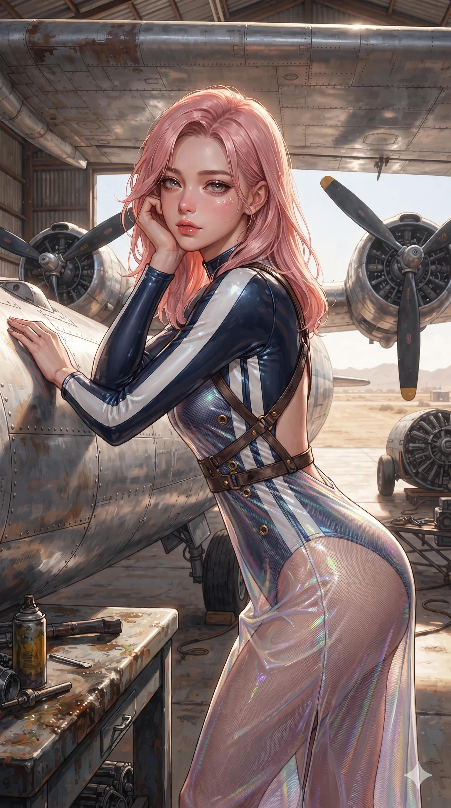 score_9, masterpiece, best quality, ultra-detailed, high-budget anime keyframe, editorial fashion photography, tasteful artistic composition, Japanese woman. close-up cowboy shot from the waist and thighs up, the character dominates the composition, filling the frame with her large presence. resting one elbow on the workbench and supporting her chin, leaning close to the camera with heavy-lidded sparkling eyes and parted lips while standing tall beneath the towering silver wing of a vintage propeller airliner, one hand resting on the aluminum fuselage while arching her lower back to emphasize her hips. The surrounding environment is rendered in vivid detail and crisp panoramic clarity: detailed form-contouring wet-look neoprene bodysuit, racing side stripes, and monumental aviation relics in razor-sharp precision. She has an exceptionally elegant, slender, and willowy female figure with an ultra-slim waist, flat toned midriff, narrow ribcage, and sculpted feminine hips creating an alluring, slim hourglass silhouette without bulk. sharp v-shaped jawline, high-bridge nose, sparkling eyes with hypnotic seductive depth, thick curled eyelashes, glossy parted lips with a natural dewy peach sheen, alluring bedroom-eyes with an enchanting coquettish smile, exuding magnetic siren charisma and sophisticated glamour, flawlessly proportioned anatomical accuracy, strict slender model proportions, natural body alignment, perfectly sculpted long slender limbs, ultra-slim waistline, clean dynamic posture without body distortion. wearing a plunge-front sheer illusion tulle slip dress with distressed leather harness straps contouring her spine in French Riviera navy and optic white with gold grommets, crafted from translucent iridescent mesh with a wet-look second-skin cling, featuring an open-back criss-cross harness strap in dark leather, the liquid-tight tailored fabric clinging flawlessly to her narrow waist and rounded feminine hips, emphasizing every millimeter of her sculpted slim hourglass curves without any bulky heaviness. bathed in the harsh, high-intensity desert sun reflecting intensely off oxidized aluminum wings creating dazzling rim lights. ultra-reflective glossy finish, specular highlights, rich textural contrasts, high-contrast stereoscopic depth, volumetric dynamic lighting, 2k, ultra detail, master piece, 9:16 ratio