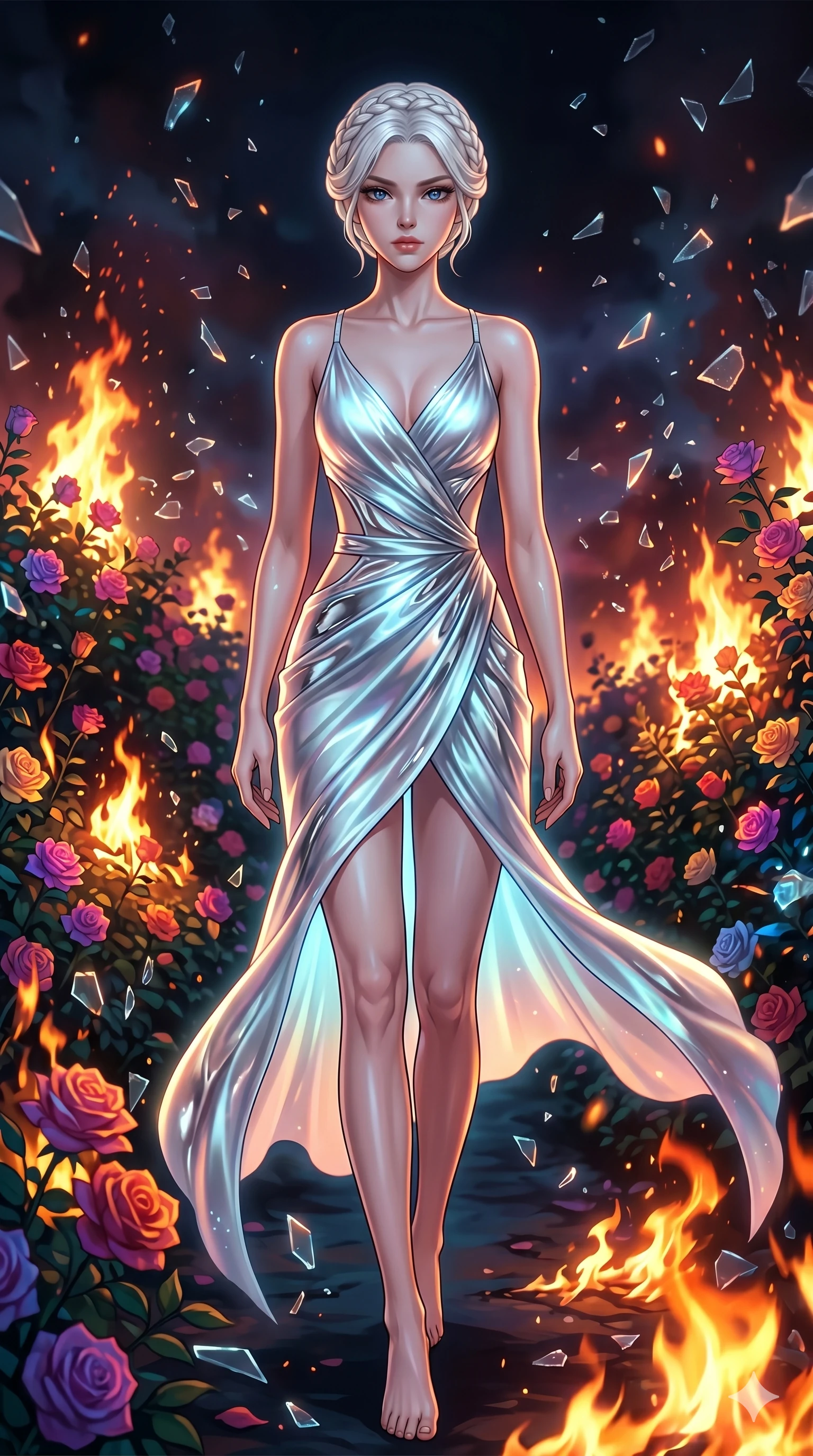 score_9, masterpiece, best quality, ultra-detailed, Set A: High-budget Anime Keyframe, Korean woman. Upper body close-up from the thighs up, character filling the screen for maximum presence. Walking gracefully through a burning rose garden, with a look of intense determination reflecting the fires of 137 and surrounded by shattered glass fragments. She has an absolutely perfect 8-heads proportion, an exceptionally tall and slender female figure with impossibly long slender legs and an ultra-slim waist. Sharp v-shaped jawline, high-bridge nose, intricate jewel-like eyes with depth, thick eyelashes, glossy lips with a natural sheen. Wearing Bioluminescent silk wrap dress with strategic side cut-outs and liquid mercury textures. Cinematic lighting, vibrant colors, dramatic shadows, 2k, ultra detail, master piece, 9:16 ratio