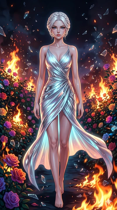 score_9, masterpiece, best quality, ultra-detailed, Set A: High-budget Anime Keyframe, Korean woman. Upper body close-up from the thighs up, character filling the screen for maximum presence. Walking gracefully through a burning rose garden, with a l