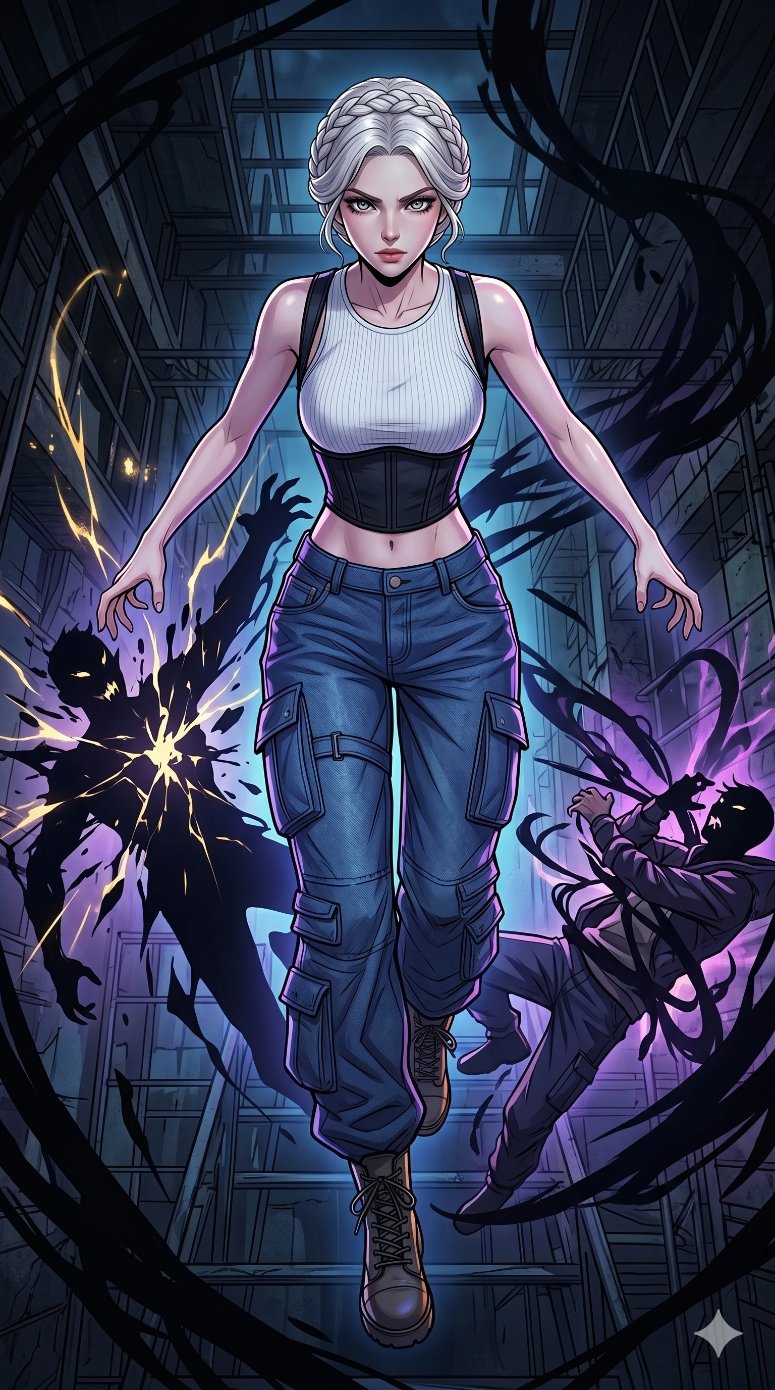 score_9, masterpiece, best quality, ultra-detailed, high-budget anime movie keyframe, cinematic anime lighting, intricate line art, Korean woman. Extreme high angle shot as she leaps towards the camera, filling the frame. manipulating the shadows of her enemies to turn against them. She has an absolutely perfect 8-heads proportion, an exceptionally tall and slender female figure with graceful and slender proportions. strictly human anatomy, two legs only, no extra limbs, clearly defined legs and arms, perfect anatomy, perfect hands and fingers. sharp v-shaped jawline, high-bridge nose, intricate jewel-like eyes, thick eyelashes, glossy lips. Wearing Urban Trendsetter: Ribbed bodycon dress, crop top with high-waist denim, and elegant corset with cargo pants. The scene is illuminated by dramatic atmospheric lighting and vibrant color palettes. , 2k, ultra detail, master piece, 9:16 ratio