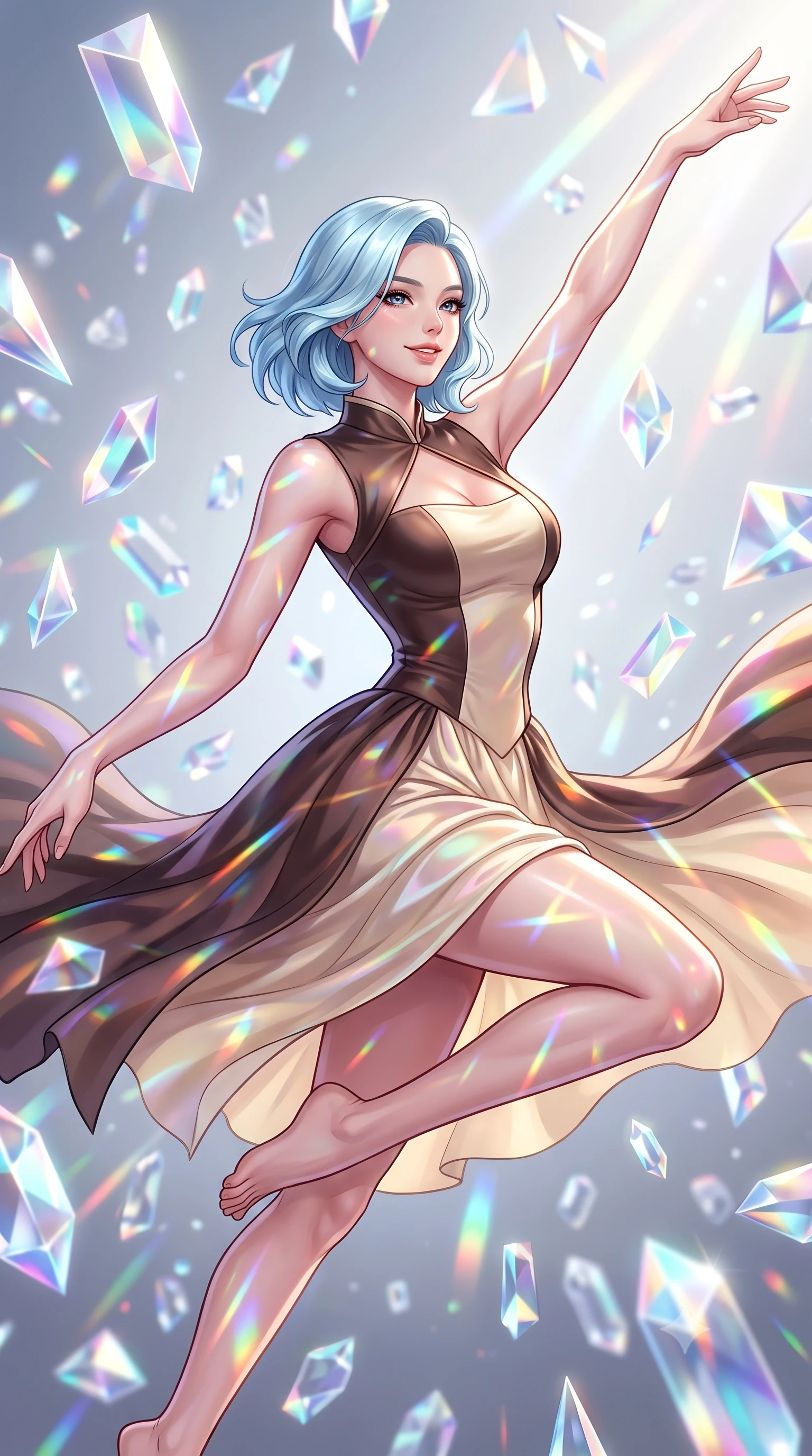 score_9, masterpiece, best quality, ultra-detailed, high-budget anime keyframe, editorial fashion photography, tasteful artistic composition, Korean woman. close-up cowboy shot from the waist and thighs up, the character dominates the composition, filling the frame with her large presence, background elements kept in soft focus. Extending one arm in an elegant stretch toward the light while smiling with magnetic self-assurance while leaping gracefully through mid-air inside a zero-gravity void filled with floating crystal prisms, a kaleidoscope of refractions forming geometric laser patterns across her form. She has an exceptionally elegant, slender, and willowy female figure with an ultra-slim waist, a gracefully sculpted slender torso, and a refined silhouette. sharp v-shaped jawline, high-bridge nose, intricate jewel-like eyes with depth, thick eyelashes, glossy lips with a natural sheen, flawlessly proportioned anatomical accuracy, natural body alignment, perfectly sculpted elegant limbs, clean dynamic posture without body distortion. wearing a modern fusion silk hanbok dress with a structured bodice and flowing skirt in espresso brown and warm cream, crafted from iridescent chiffon that shifts colors in the light, accented with a Tasteful chest slit framing her clavicle gracefully, the tailored fabric tightly following every curve of her athletic build. illuminated by high-contrast studio spotlights with ultra-bright specular highlights. highly saturated vibrant anime colors, detailed shading with soft gradients, rich glossy textures, high-contrast stereoscopic depth, volumetric dynamic lighting, master piece, 9:16 ratio