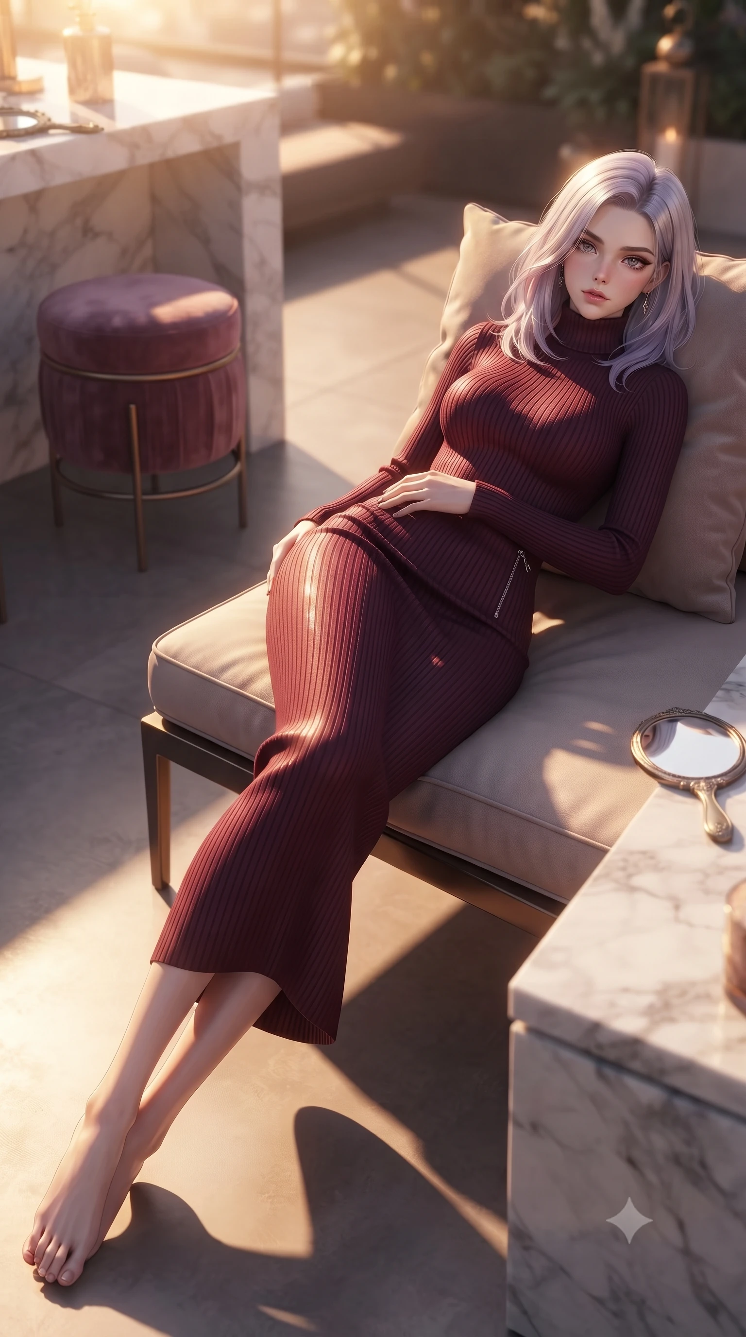 score_9, masterpiece, best quality, ultra-detailed, high-budget anime keyframe, editorial fashion photography, tasteful artistic composition, Caucasian woman. low angle full-body shot from head to toe showing her feet, filling the entire 9:16 vertical frame with her statuesque presence, stretching her vertical silhouette. relaxing on a sunbed with relaxed elegance, her slender figure stretching out gracefully under the warm glow set against a soft-focus background of inside an exclusive rooftop terrace with a velvet-wrapped stool and an antique hand mirror resting on a marble counter. She has an absolutely perfect, statuesque 8.5-heads proportion, an exceptionally tall and slender model-like female figure with impossibly long slender legs and an ultra-slim waist. sharp v-shaped jawline, high-bridge nose, intricate jewel-like eyes with depth, thick eyelashes, glossy lips with a natural sheen. wearing body-hugging deep burgundy soft linen form-fitting ribbed knit turtleneck dress outlining her slender silhouette accented with delicate silver hardware. bathed in warm golden hour sunbeams that cast long, romantic shadows across the floor. ultra-reflective glossy finish, specular highlights, metallic sheen, high-contrast stereoscopic depth, volumetric dynamic lighting, 2k, ultra detail, master piece, 9:16 ratio