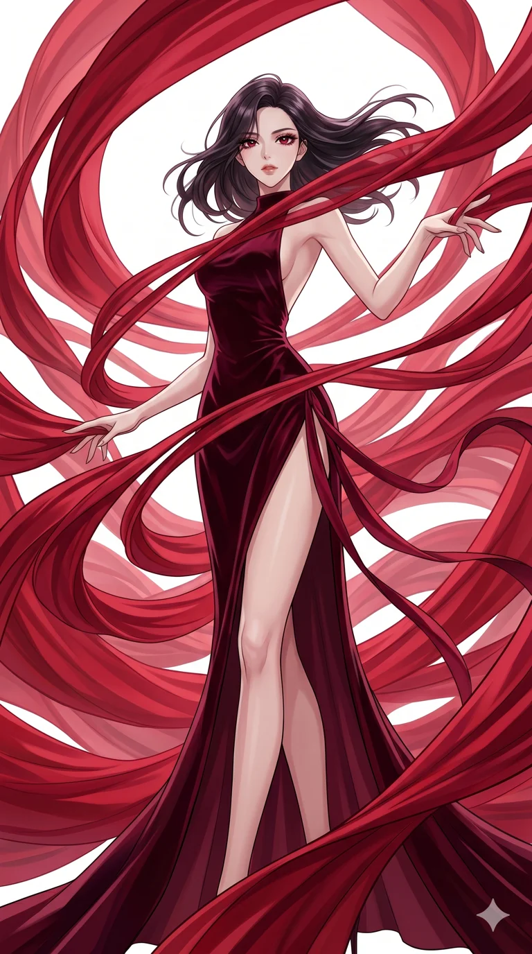 score_9, masterpiece, best quality, ultra-detailed, High-budget Anime Keyframe, beautiful Korean anime girl. Low angle cowboy shot filling the entire 9:16 frame with her statuesque presence. Controlling hundreds of meters of flowing crimson silk that spiral around her like a living cage. She has an absolutely perfect 8-heads proportion, an exceptionally tall and slender female figure with impossibly long slender legs and an ultra-slim waist. Sharp v-shaped jawline, high-bridge nose, intricate jewel-like eyes with depth, thick eyelashes, glossy lips with a natural sheen. Wearing a High-Fashion Editorial outfit: backless velvet gown with a dangerous high side slit and silk ribbons. Background is an abstract white space filled with dynamic, rhythmic waves of red fabric. 2k, ultra detail, master piece, 9:16 ratio