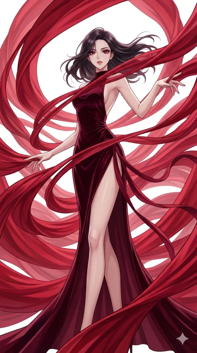 score_9, masterpiece, best quality, ultra-detailed, High-budget Anime Keyframe, beautiful Korean anime girl. Low angle cowboy shot filling the entire 9:16 frame with her statuesque presence. Controlling hundreds of meters of flowing crimson silk that
