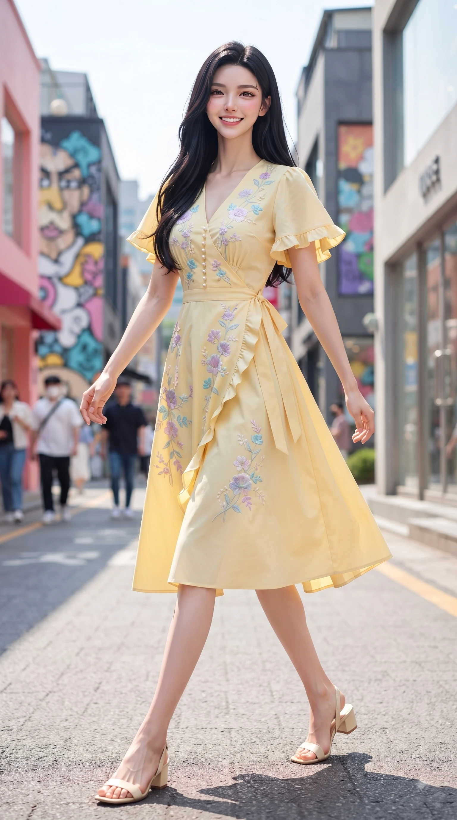 score_9, masterpiece, best quality, ultra-detailed, high-budget anime keyframe, editorial fashion photography, tasteful artistic composition, Korean woman. low angle full-body shot from head to toe showing her feet, filling the entire 9:16 vertical frame with her statuesque presence, stretching her vertical silhouette. performing a cheerful mid-motion turn with flawless poise, her radiant smile capturing fresh girlhood energy while walking dynamically down a stylish Seongsu street lined with colorful fashion pop-up stores. The composition keeps background elements in soft focus with dreamy bokeh. stylish street art murals and modern shop windows softened by gentle shallow depth of field. She has an absolutely perfect, statuesque 8.5-heads proportion, an exceptionally tall and slender model-like female figure with impossibly long slender legs and an ultra-slim waist. sharp v-shaped jawline, high-bridge nose, intricate jewel-like eyes with depth, thick eyelashes, glossy lips with a natural sheen, flawlessly proportioned anatomical accuracy, natural body alignment, perfectly sculpted elegant limbs, clean dynamic posture without body distortion. wearing an elegant butter-yellow wrap midi dress with subtle floral embroidery and flutter sleeves in soft pastel lavender and sky blue, tailored from crisp cotton poplin, finished with subtle ruffle trims and delicate pearl buttons, the tailored casual silhouette highlighting her fresh and youthful presence. illuminated by crisp clear afternoon key light and vibrant street highlights. ultra-reflective glossy finish, specular highlights, metallic sheen, high-contrast stereoscopic depth, volumetric dynamic lighting, 2k, ultra detail, master piece, 9:16 ratio
