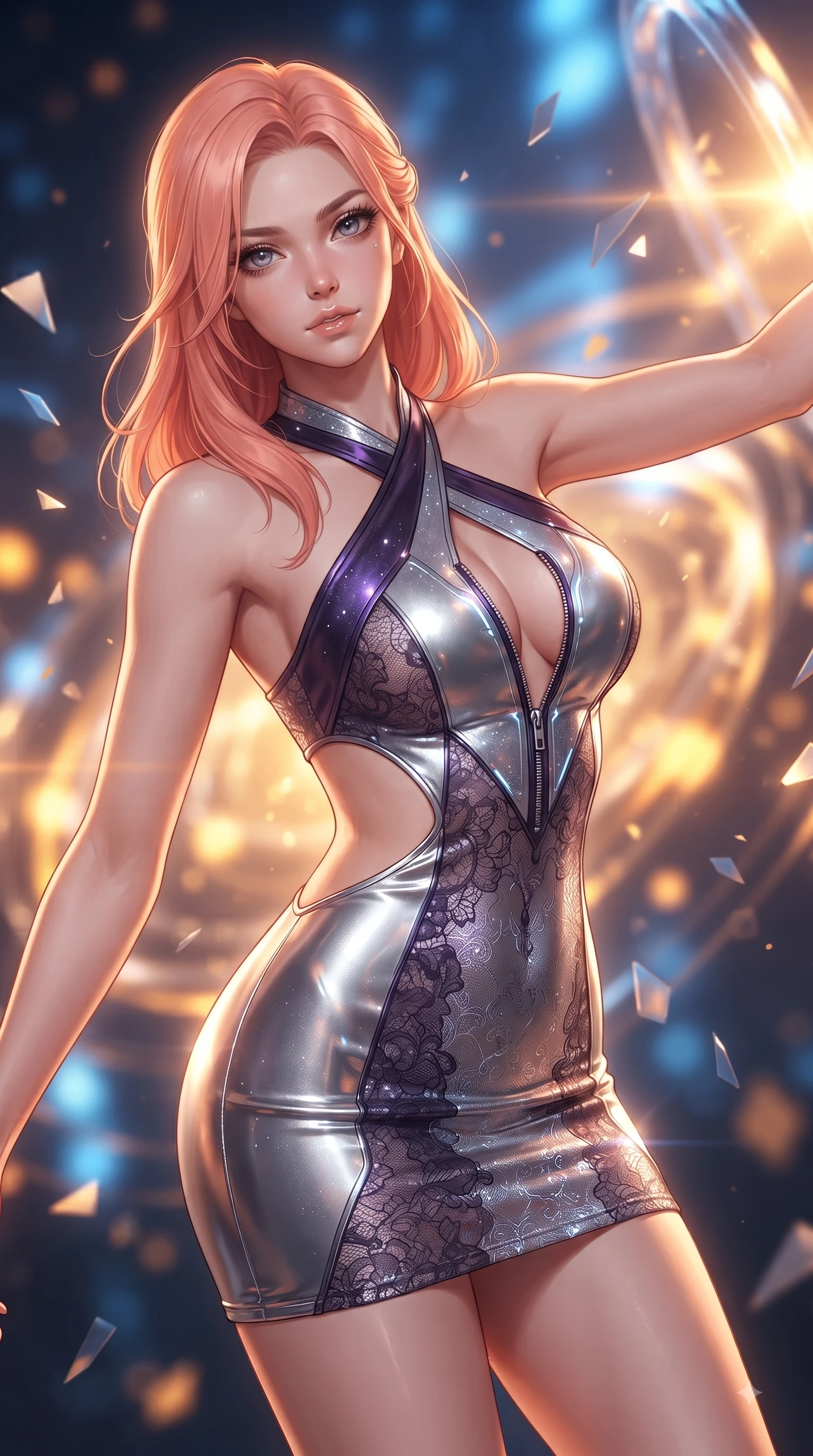 score_9, masterpiece, best quality, ultra-detailed, high-budget anime keyframe, editorial fashion photography, tasteful artistic composition, Japanese woman. close-up cowboy shot from the waist and thighs up, the character dominates the composition, filling the frame with her large presence. extending one arm gracefully toward the light while her torso arches in a sleek, alluring curve with magnetic intensity while arching her body in zero-gravity as rings of magnetic particle acceleration illuminate her silhouette. The composition keeps background elements in soft focus with creamy bokeh. pulsating plasma rings and floating geometric shards blurred into intense golden-orange bokeh. She has an exceptionally elegant, slender, and willowy female figure with an ultra-slim waist, a gracefully sculpted slender torso, and a refined silhouette. sharp v-shaped jawline, high-bridge nose, intricate jewel-like eyes with depth, thick eyelashes, glossy lips with a natural sheen, flawlessly proportioned anatomical accuracy, natural body alignment, perfectly sculpted elegant limbs, clean dynamic posture without body distortion. wearing a molten silver liquid-metal mini dress featuring deep side-waist cutouts and a daring crossover halter neckline in dark amethyst purple and shimmering starlight silver, crafted from delicate dark lace interwoven with luminescent micro-fibers, featuring a dangerously unzipped neckline framed by glowing cybernetic accents, the glove-like fit tightly following every curve of her statuesque athletic build. illuminated by intense volumetric energy beams and high-contrast specular reflections. ultra-reflective glossy finish, specular highlights, metallic sheen, high-contrast stereoscopic depth, volumetric dynamic lighting, 2k, ultra detail, master piece, 9:16 ratio