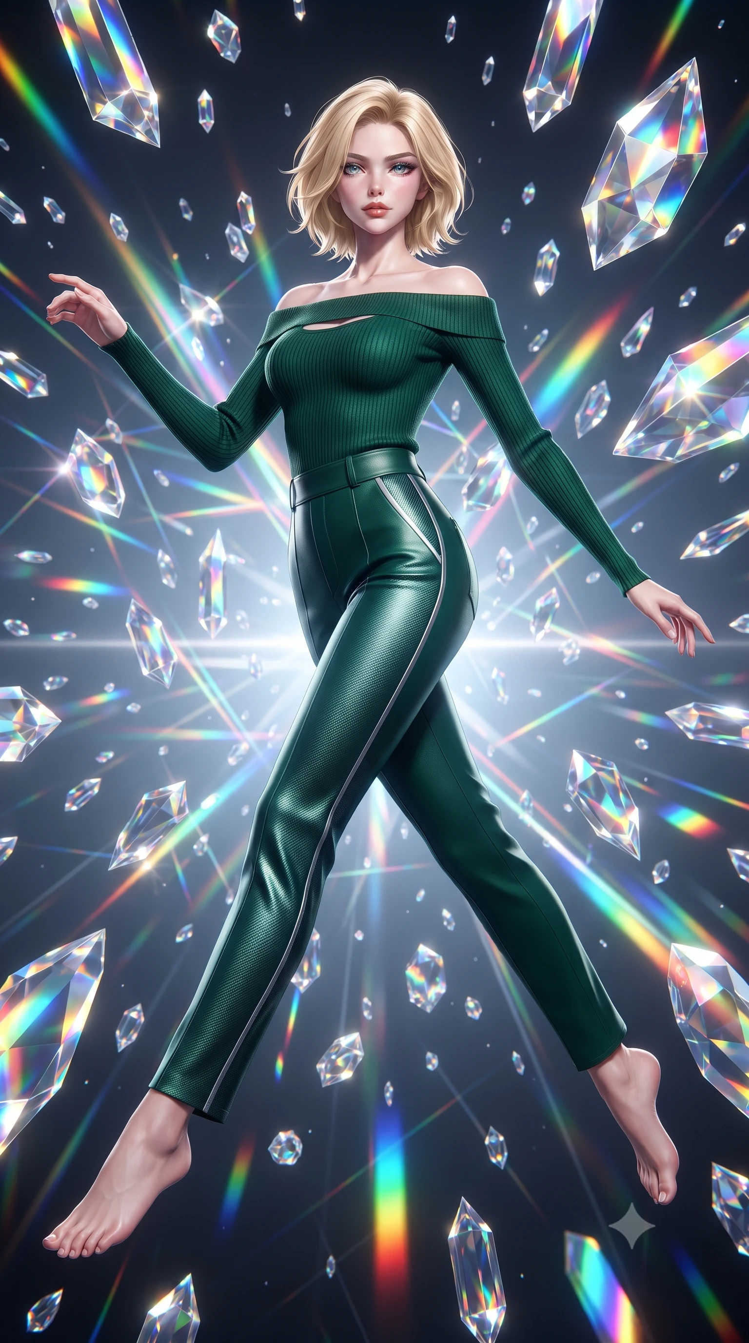 score_9, masterpiece, best quality, ultra-detailed, high-budget anime keyframe, editorial fashion photography, tasteful artistic composition, Caucasian woman. low angle full-body shot from head to toe showing her feet, filling the entire 9:16 vertical frame with her statuesque presence, stretching her vertical silhouette. stepping forward in a proud dynamic stride, her vertical silhouette filling the frame with statuesque presence while leaping gracefully through mid-air inside a zero-gravity void filled with floating crystal prisms, a kaleidoscope of refractions forming geometric laser patterns across her form. She has an absolutely perfect, statuesque 8.5-heads proportion, an exceptionally tall and slender model-like female figure with impossibly long slender legs and an ultra-slim waist. sharp v-shaped jawline, high-bridge nose, intricate jewel-like eyes with depth, thick eyelashes, glossy lips with a natural sheen, flawlessly proportioned anatomical accuracy, natural body alignment, perfectly sculpted elegant limbs, clean dynamic posture without body distortion. wearing a sleek off-shoulder ribbed knit top paired with high-waist tailored pants in deep emerald green and silver accent, made of fine carbon-fiber weave and soft matte leather, accented with a Tasteful chest slit framing her clavicle gracefully, the elegant draped fit framing her graceful clavicle and slender torso. bathed in brilliant multi-color rainbow light refracting through floating glass prisms. ultra-reflective glossy finish, specular highlights, metallic sheen, high-contrast stereoscopic depth, volumetric dynamic lighting, 2k, ultra detail, master piece, 9:16 ratio