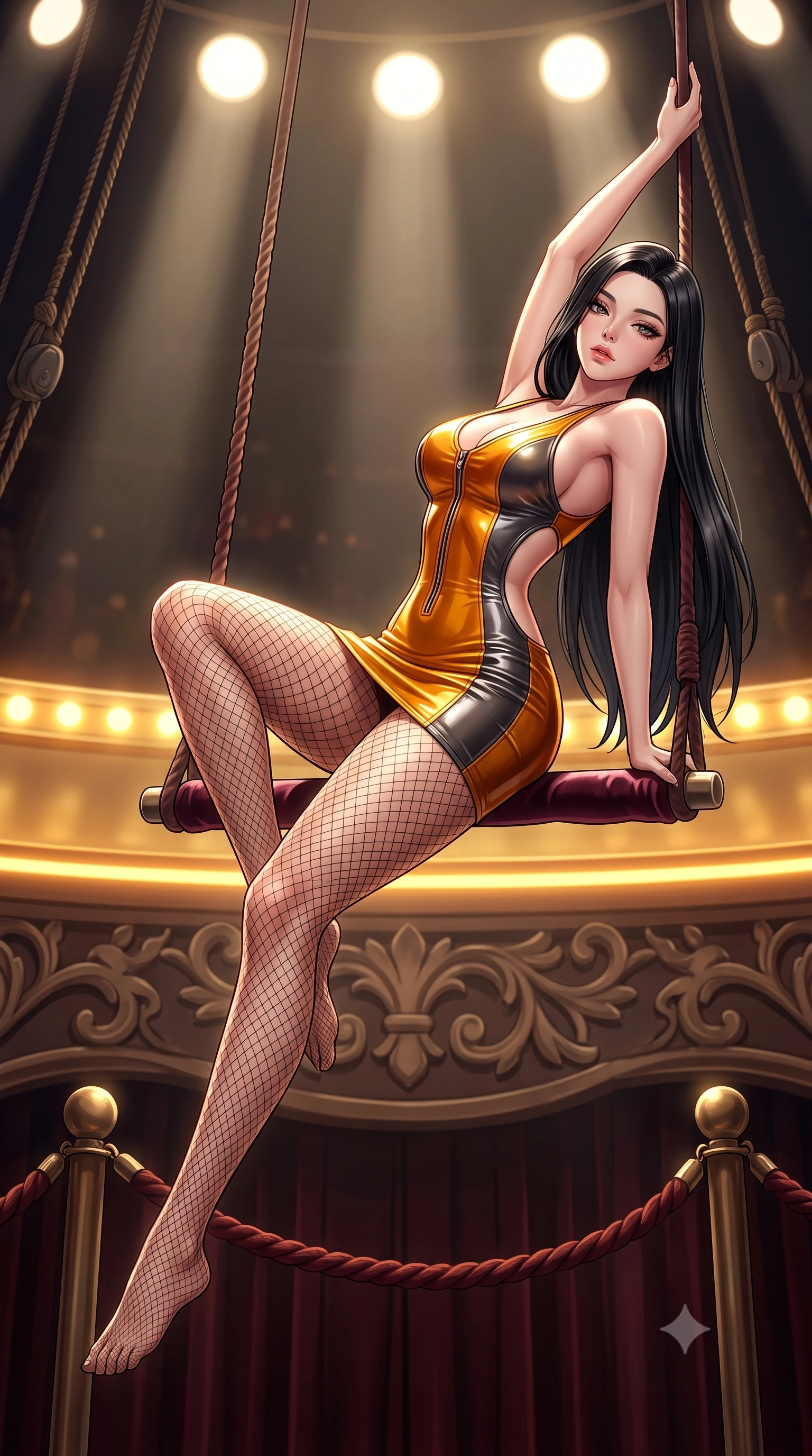 score_9, masterpiece, best quality, ultra-detailed, high-budget anime keyframe, semi-realistic 3D game render, editorial fashion photography, tasteful artistic composition, Korean woman. low angle full-body shot from head to toe showing her feet, filling the entire 9:16 vertical frame with her statuesque presence, stretching her vertical silhouette. reclining on her side in an elegant Cleopatra pose with one knee drawn up, the dramatic contour of her rounded hips and long slender legs commanding the 9:16 vertical frame while hanging suspended from an aerial velvet trapeze bar, arching her spine in a breathtaking dancer line with one leg extended as spotlights trace her curvy hips. The surrounding environment is rendered in vivid detail and crisp panoramic clarity. sharp carved carousel filigree, velvet rope braid textures, and circus platform rigging in deep focus. She has an absolutely perfect, statuesque 8.5-heads proportion, an exceptionally tall and slender model-like female figure with impossibly long slender legs, a toned flat midriff, an ultra-slim waist, and beautifully sculpted feminine hips. sharp v-shaped jawline, high-bridge nose, intricate jewel-like eyes with depth, thick eyelashes, glossy parted lips with a natural sheen, intensely captivating and seductive bedroom-eyes expression, flawlessly proportioned anatomical accuracy, strict slender model proportions, natural body alignment, perfectly sculpted long slender limbs, ultra-slim waistline, clean dynamic posture without body distortion. wearing a form-contouring vinyl circus mini dress with front zipper and body-hugging hip hug in molten amber-gold and dark gunmetal, tailored from fluid silk crepe with delicate inner corsetry boning, finished with sheer fishnet tights accentuating her long slender legs, the precision-cut side openings and low-back scoop framing her graceful spine and the sensual sweep of her hips. bathed in dramatic overhead circular spotlight beams and warm golden carousel perimeter glow. highly saturated vibrant anime colors, detailed shading with soft gradients, rich glossy textures, high-contrast stereoscopic depth, volumetric dynamic lighting, master piece, 9:16 ratio