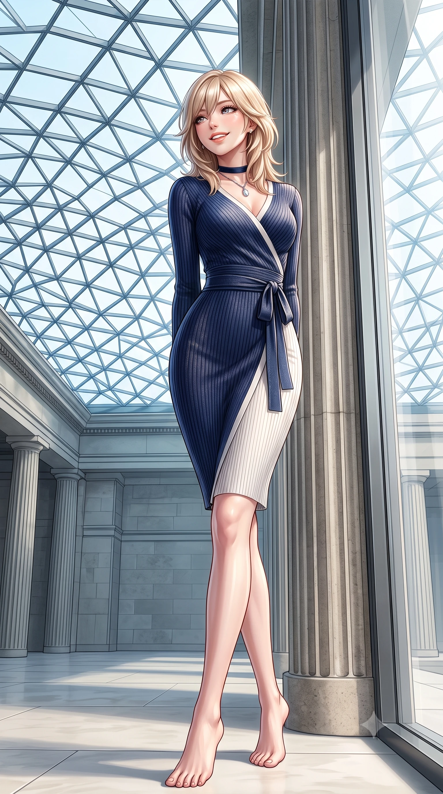 score_9, masterpiece, best quality, ultra-detailed, high-budget anime keyframe, semi-realistic 3D game render, editorial fashion photography, tasteful artistic composition, Japanese woman. low angle full-body shot from head to toe showing her feet, filling the entire 9:16 vertical frame with her statuesque presence, stretching her vertical silhouette. posing in a classic haute-couture S-curve stance beside the floor-to-ceiling window, looking over a bare shoulder with magnetic presence while standing poised beneath the monumental geodesic glass roof canopy, gazing upward with an inspired, breathtaking smile. The surrounding environment is rendered in vivid detail and crisp panoramic clarity: sharp geometric steel strut joinery of glass ceiling, fluted column stone grooves, and smooth honed limestone paving joints in deep focus. She has an exceptionally tall and slender model-like 8.5-heads proportion, an ultra-slim waist, a flat toned midriff, narrow delicate ribcage, and beautifully sculpted feminine hips creating a graceful, slim hourglass silhouette without any bulky heaviness, with impossibly long slender legs. sharp v-shaped jawline, high-bridge nose, intricate jewel-like sparkling eyes with depth, thick eyelashes, glossy parted lips with a natural peach sheen, bright cheerful beaming smile with an enchanting and coquettish sensual glint, exuding both youthful cute charm and seductive allure, flawlessly proportioned anatomical accuracy, strict slender model proportions, natural body alignment, perfectly sculpted long slender limbs, ultra-slim waistline, clean dynamic posture without body distortion. wearing a form-fitting ribbed silk-cashmere wrap dress with a cinched sash belt framing her feminine hourglass proportions in French navy blue and crisp alabaster white, woven from stretch metallic lurex knit casting subtle luminous champagne glints across her contours, finished with a narrow velvet neck ribbon and a sparkling teardrop crystal pendant, the glove-like clinging cut tightly following the natural contour of her hips and long slender legs with youthful 8.5-heads elegance. bathed in voluminous pure white zenithal daylight filtering through the vast geometric glass skylight canopy. highly saturated vibrant anime colors, detailed shading with soft gradients, rich glossy textures, high-contrast stereoscopic depth, volumetric dynamic lighting, master piece, 9:16 ratio