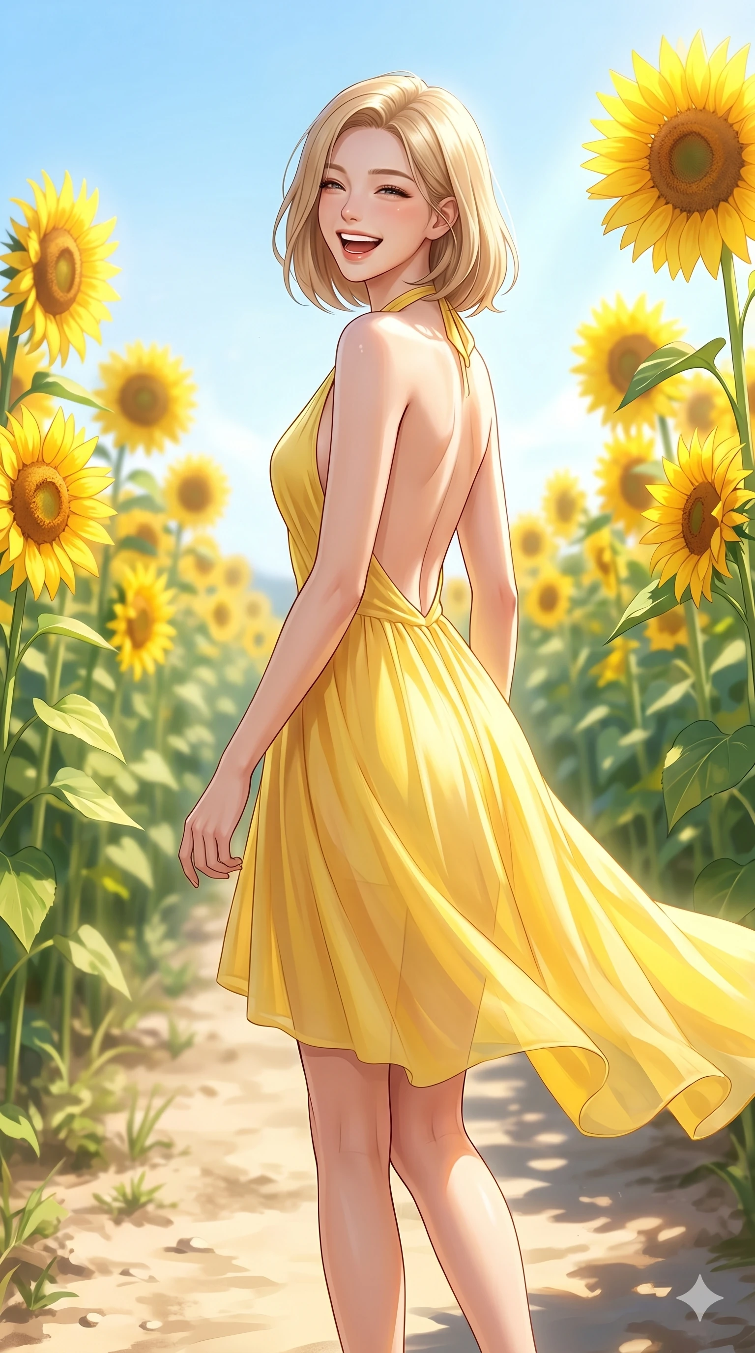 score_9, masterpiece, best quality, ultra-detailed, high-budget anime keyframe, editorial fashion photography, tasteful artistic composition, Korean woman. cowboy shot from the thighs up, character and outfit filling the frame for maximum editorial presence. turning around with a bright laugh, her eyes full of happiness and warmth walking along a dusty path lined with sunflowers under a bright blue sky. She has an absolutely perfect 8-heads proportion, an exceptionally tall and slender female figure with impossibly long slender legs and an ultra-slim waist. V-shaped jawline, high-bridge nose, intricate jewel-like eyes with depth, thick eyelashes, glossy lips with a natural sheen. wearing a yellow chiffon dress with a graceful halter neck and an open-back design. drenched in brilliant midday sunlight that makes the sunflowers and her dress glow intensely. 2k, ultra detail, master piece, 9:16 ratio