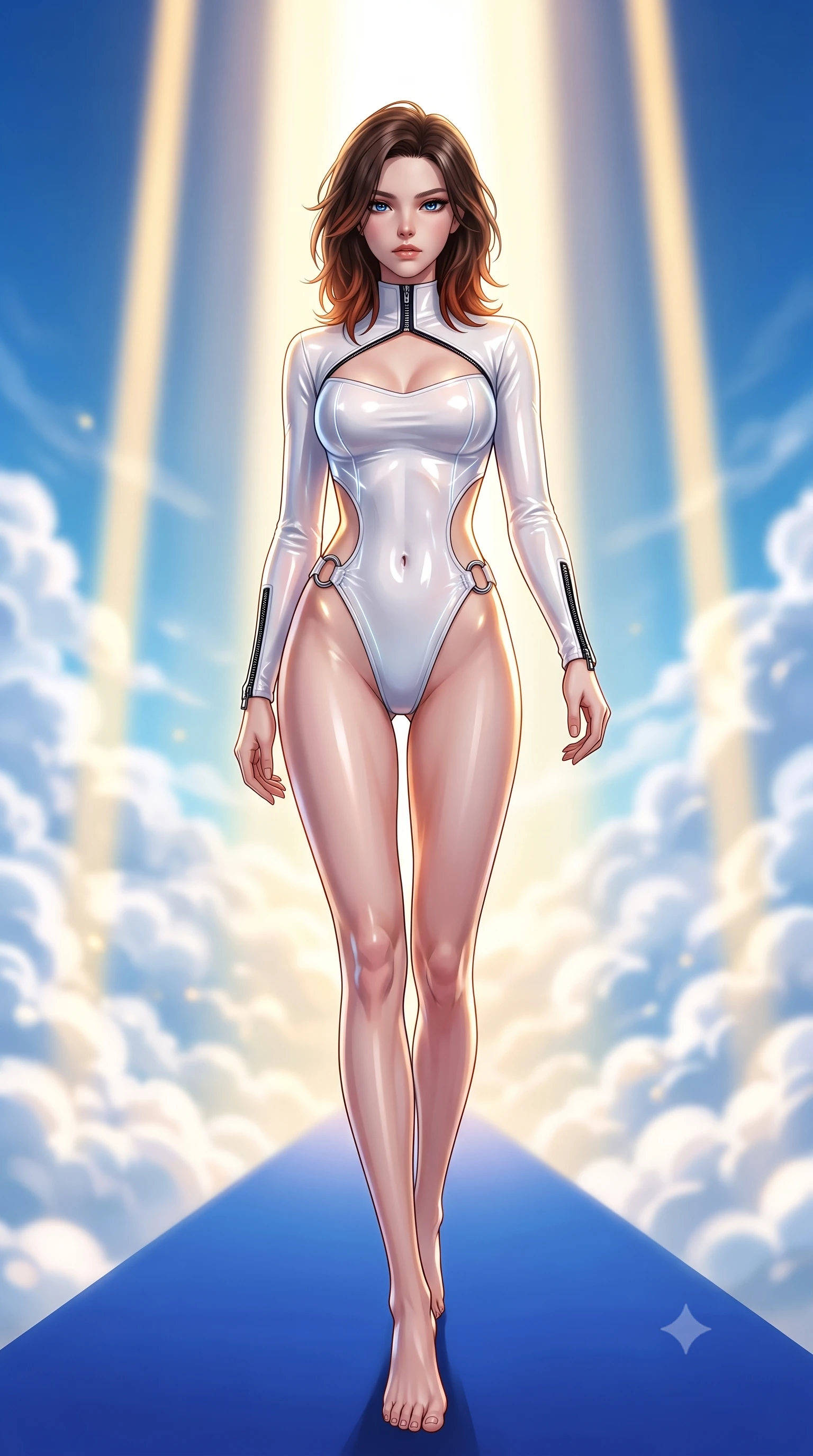 score_9, masterpiece, best quality, ultra-detailed, high-budget anime keyframe, semi-realistic 3D game render, editorial fashion photography, tasteful artistic composition, Korean woman. low angle full-body shot from head to toe showing her feet, filling the entire 9:16 vertical frame with her statuesque presence, stretching her vertical silhouette. performing an alluring mid-air vault with flawless poise, looking directly into the camera with smoldering intensity while striding commanding down a royal blue lapis lazuli runway suspended in the open sky under a vertical pillar of sunlight. The composition keeps background elements in soft focus with creamy bokeh. billowing white cloud seas and vertical golden sunbeams blurred into radiant azure and gold bokeh. She has an absolutely perfect, statuesque 8.5-heads proportion, an exceptionally tall and slender model-like female figure with impossibly long slender legs, a toned flat midriff, and an ultra-slim waist. sharp v-shaped jawline, high-bridge nose, intricate jewel-like eyes with depth, thick eyelashes, glossy lips with a natural sheen, flawlessly proportioned anatomical accuracy, strict slender model proportions, natural body alignment, perfectly sculpted long slender limbs, ultra-slim waistline, clean dynamic posture without body distortion. wearing a glossy white second-skin latex bodysuit with high-thigh cuts, exposed clavicle neckline, and gleaming zipper details in high-gloss monochrome white and sharp black contrast, tailored from semi-translucent cybernetic vinyl with glowing micro-filaments, detailed with polished silver rings connecting the daring side-waist cutouts, the liquid-tight tailored fabric emphasizing every curve of her tall, slender model proportions and sculptured silhouette during dynamic movement. illuminated by crisp gold specular highlights tracing her sculpted collarbones and waistline. highly saturated vibrant anime colors, detailed shading with soft gradients, rich glossy textures, high-contrast stereoscopic depth, volumetric dynamic lighting, master piece, 9:16 ratio