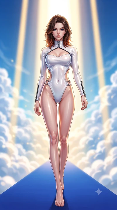 score_9, masterpiece, best quality, ultra-detailed, high-budget anime keyframe, semi-realistic 3D game render, editorial fashion photography, tasteful artistic composition, Korean woman. low angle full-body shot from head to toe showing her feet, fil