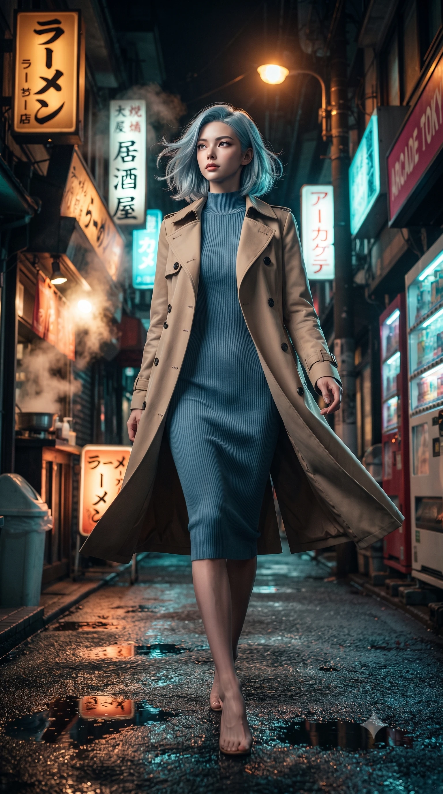 score_9, masterpiece, best quality, ultra-detailed, high-budget anime keyframe, editorial fashion photography, tasteful artistic composition, Korean woman. low angle full-body shot from head to toe showing her feet, filling the entire 9:16 vertical frame with her statuesque presence, stretching her vertical silhouette. navigating with fluid motion through a narrow atmospheric Tokyo alley at night densely packed with glowing signs in Japanese katakana steam rising from ramen shops vending machines casting colored pools of light on wet asphalt. She has a statuesque 8.5-heads proportion, an exceptionally tall, slender and willowy model-like build with impossibly long legs and a highly sculpted ultra-slim waist. sharp v-shaped jawline, high-bridge nose, intricate jewel-like eyes with depth, thick eyelashes, glossy lips with a natural sheen. wearing a classic double-breasted beige trench coat layered over a French blue mock-neck ribbed midi dress. warm amber rim lighting combined with cool teal fill light creating dramatic contrast. 2k, ultra detail, master piece, 9:16 ratio