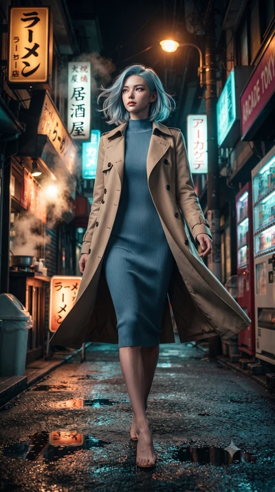 score_9, masterpiece, best quality, ultra-detailed, high-budget anime keyframe, editorial fashion photography, tasteful artistic composition, Korean woman. low angle full-body shot from head to toe showing her feet, filling the entire 9:16 vertical f