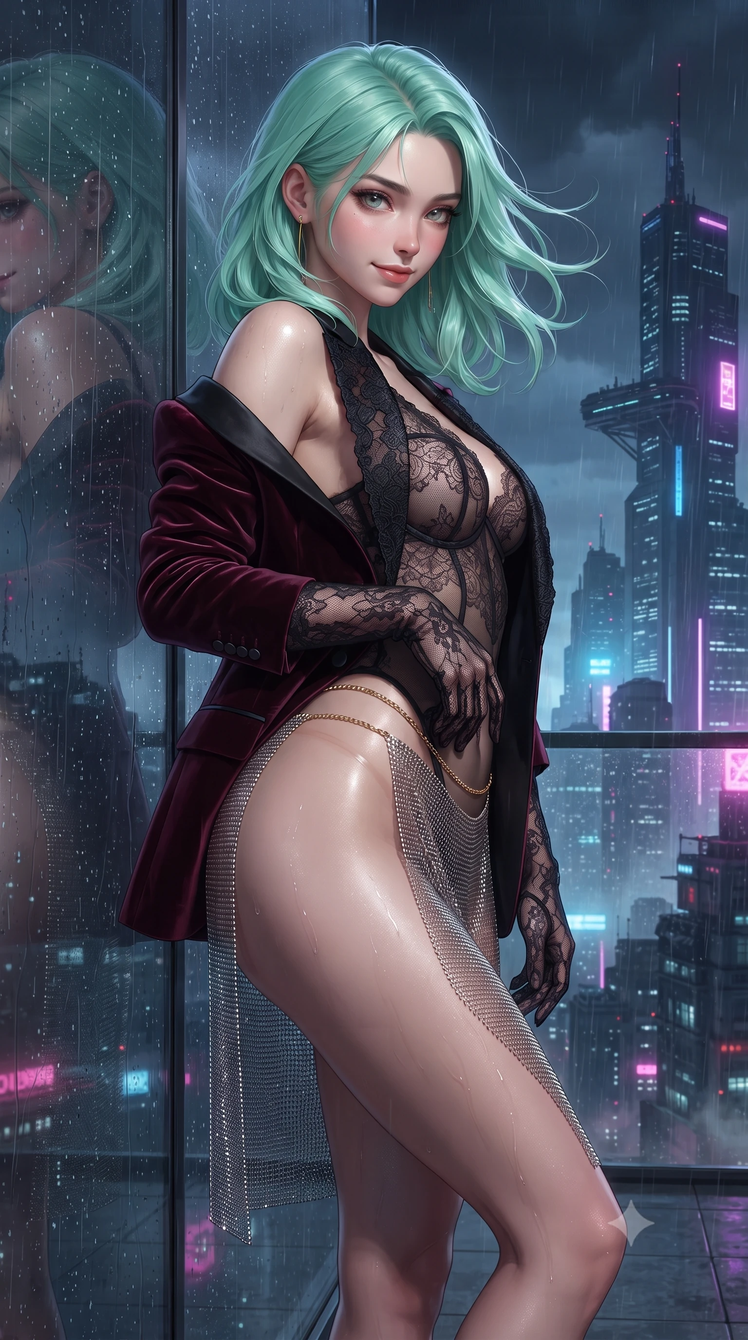 score_9, masterpiece, best quality, ultra-detailed, high-budget anime keyframe, editorial fashion photography, tasteful artistic composition, Japanese woman. close-up cowboy shot from the waist and thighs up, the character dominates the composition, filling the frame with her large presence. turning slowly with an enchanting smoldering smile, her glossy hair tossing in the breeze as her hips angle gracefully in a captivating contrapposto while leaning against the infinity edge glass wall overlooking the stormy neon city with hips cocked back, looking back with smoldering eyes. The surrounding environment is rendered in vivid detail and crisp panoramic clarity: detailed wet-look high-cut monokini cling, gold waist chain shine, and mega-skyscraper cantilever engineering in high resolution. She has an exceptionally elegant, slender, and willowy female figure with an ultra-slim waist, flat toned midriff, narrow ribcage, and sculpted feminine hips creating an alluring, slim hourglass silhouette without bulk. sharp v-shaped jawline, high-bridge nose, sparkling eyes with hypnotic seductive depth, thick curled eyelashes, glossy parted lips with a natural dewy peach sheen, alluring bedroom-eyes with an enchanting coquettish smile, exuding magnetic siren charisma and sophisticated glamour, flawlessly proportioned anatomical accuracy, strict slender model proportions, natural body alignment, perfectly sculpted long slender limbs, ultra-slim waistline, clean dynamic posture without body distortion. wearing a delicate sheer French Chantilly lace teddy layered under an open tailored tuxedo blazer draped over bare shoulders in deep bordeaux velvet and delicate black chantilly, crafted from shimmering fluid chainmail mesh reflecting ambient lights, complemented by sheer opera-length lace evening gloves tracing her slender arms, the glove-like clinging cut tightly following the natural contour of her hips and long slender legs with youthful 8.5-heads elegance. illuminated by steam particle light scatter and sharp platinum-violet rim lights defining her razor-sharp jawline, narrow waist, and voluptuous hip curves. ultra-reflective glossy finish, specular highlights, rich textural contrasts, high-contrast stereoscopic depth, volumetric dynamic lighting, 2k, ultra detail, master piece, 9:16 ratio