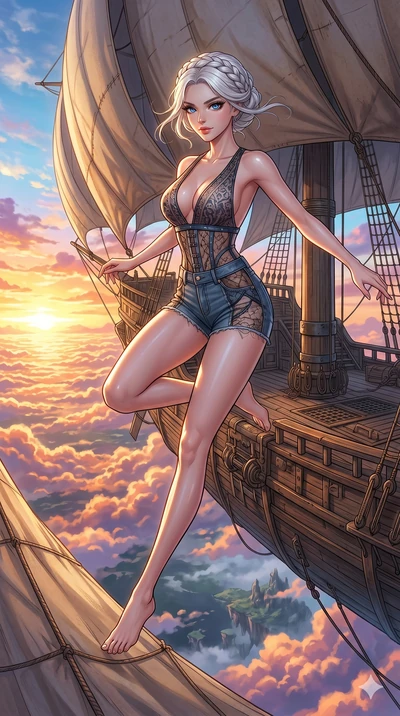 score_9, masterpiece, best quality, ultra-detailed, Set C: High-budget Anime Keyframe, Korean woman. Low angle cowboy shot filling the entire 9:16 frame with her statuesque presence. Leaping across the sails of a giant airship in the clouds at sunset